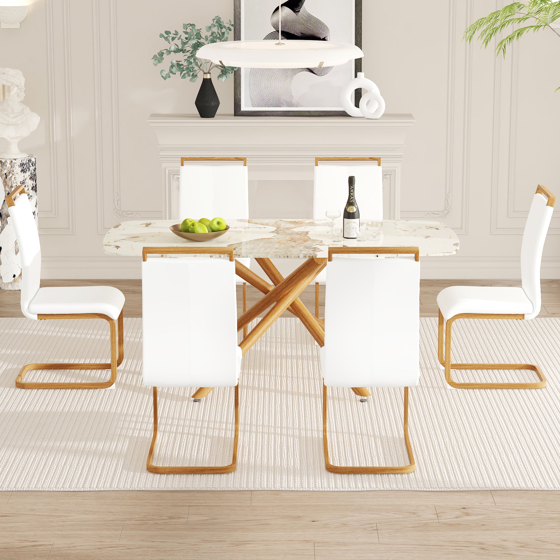 Table And Chair Set, Large Modern Minimalist Rectangular Dining Table, 0.39 Inch Imitation Marble Countertop, Wood Metal Table Legs, Comfortable And Soft Seats. Wood Glass Metal