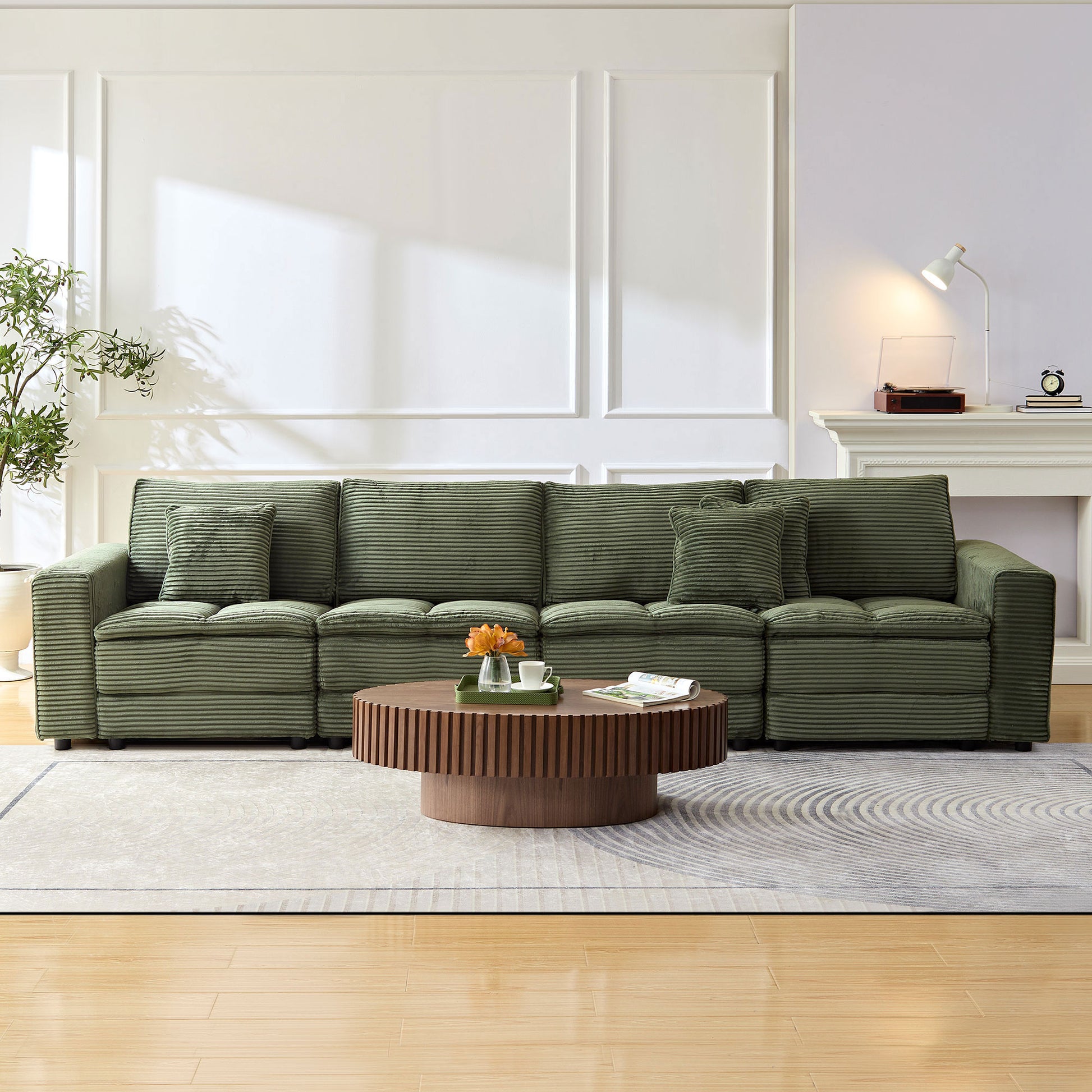 4 Seats Complimentary 2 Pillows ,Oversized Sectional Sofa,L Shaped Corner Couch With Detachable Seat & Back Cushion, Corduroy Upholstery Convertible Sleeper Sofa&Couch For Living Room Green Fabric 4 Seat