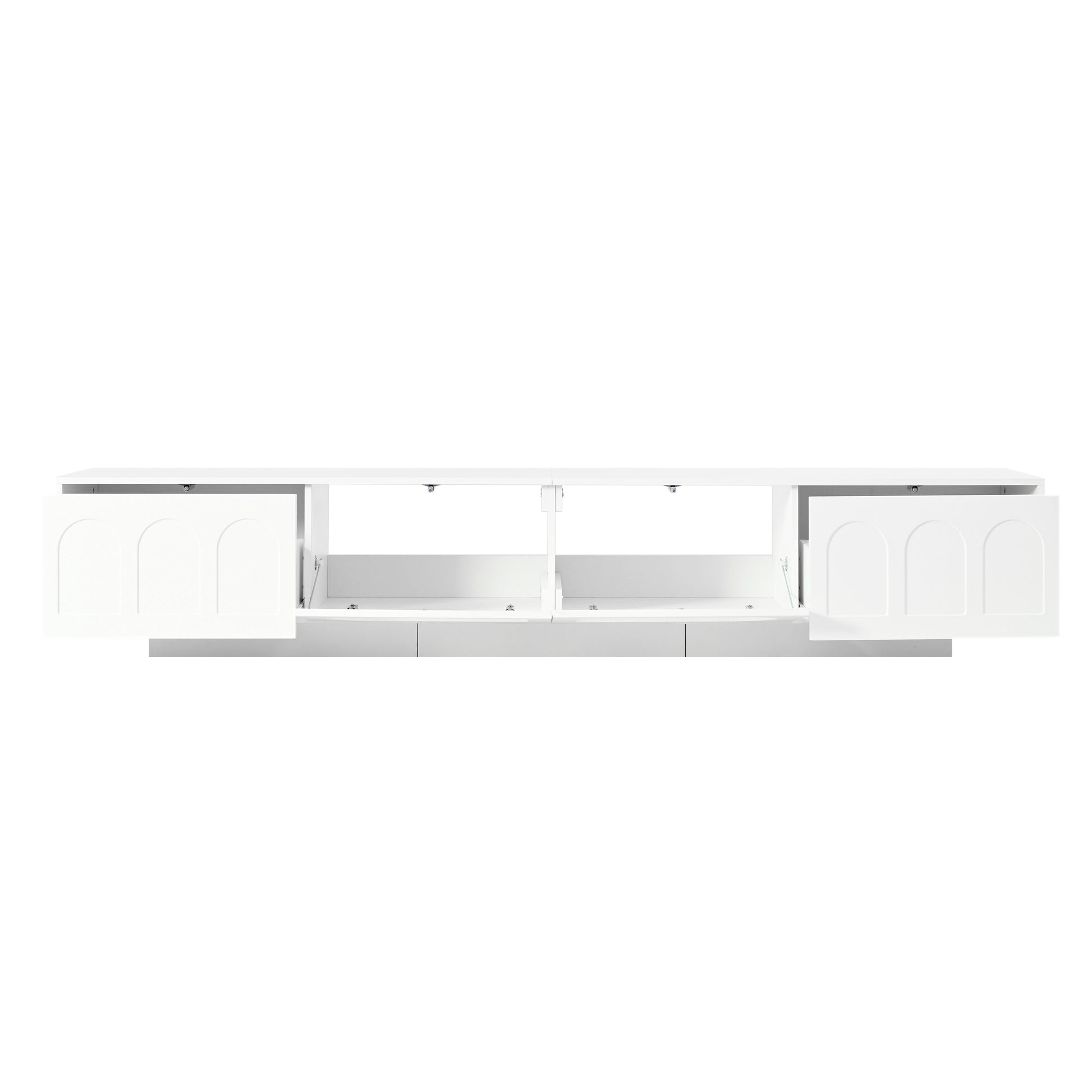 Tv Stand With Fluted Tempered Glass Doors For Tvs Up To 95'', Functional Media Console With Arched Cabinet Doors, Entertainment Center With App Controlled Led Light For Living Room, White White Primary Living Space 90 Inches Or Larger 90 Inches Or Larger