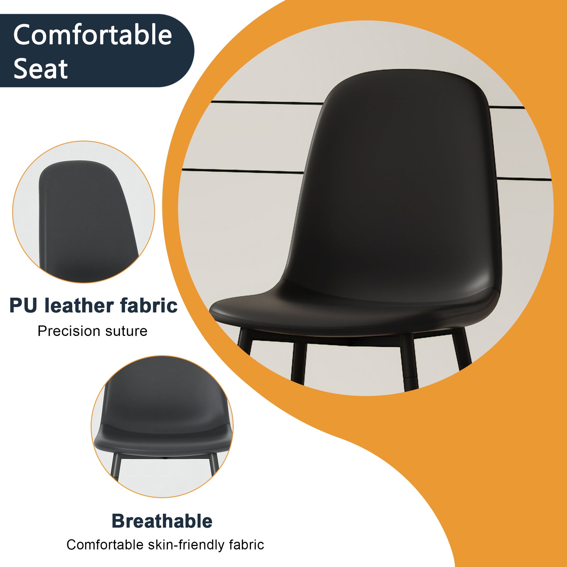 Modern Minimalist Black Dining Chair Set Four Chairs Per Box, Stable And Comfortable.Modern Mid Century Style Upholstered Side Chairs,Spoon Shaped Chairs With Black Metal Legs. Black Metal,Pu