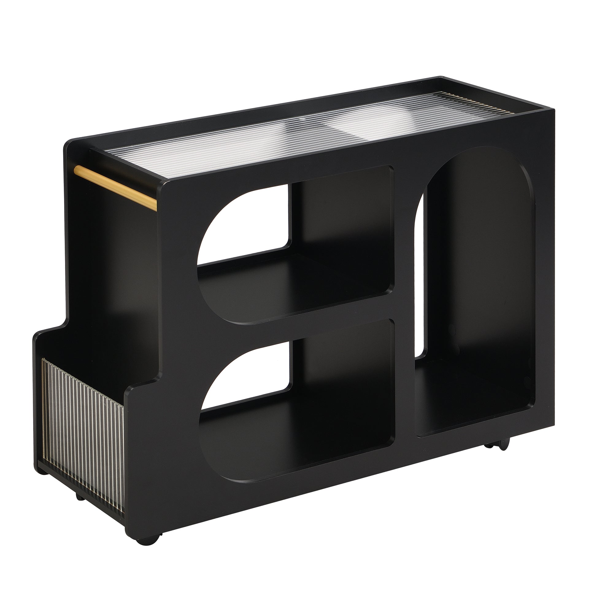 Mobile End Table With Lockable Wheels, Narrow Coffee Table With 5Mm Thick Fluted Tempered Glass, Modern Nightstand With Golden Round Rod, Living Room, Black, 31.5''W X11.8''D X 23.1''H Black Primary Living Space Mdf