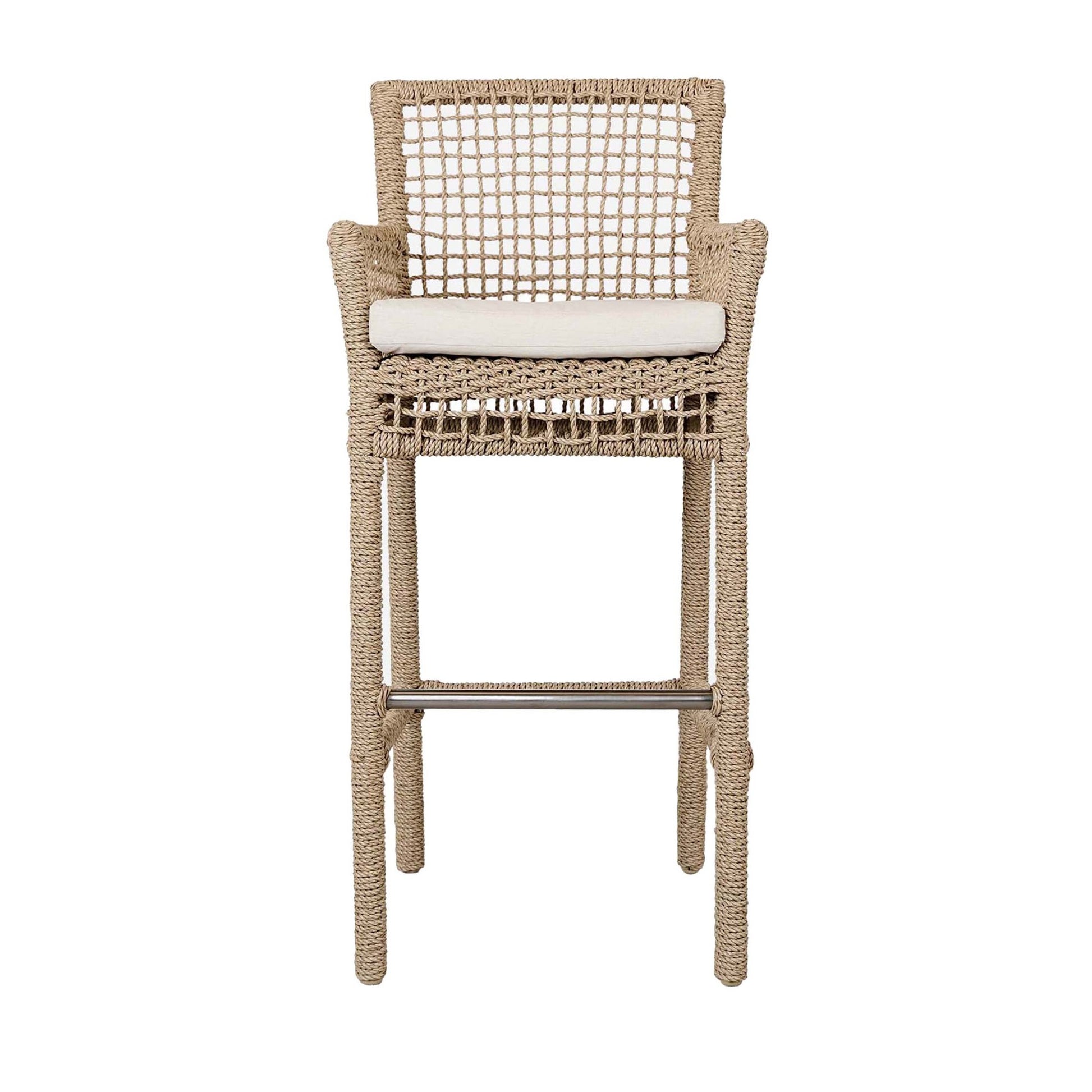 Zev 31 Inch Outdoor Bar Stool Chair, Rope Woven, Ivory Olefin Fabric Seat Brown Aluminum