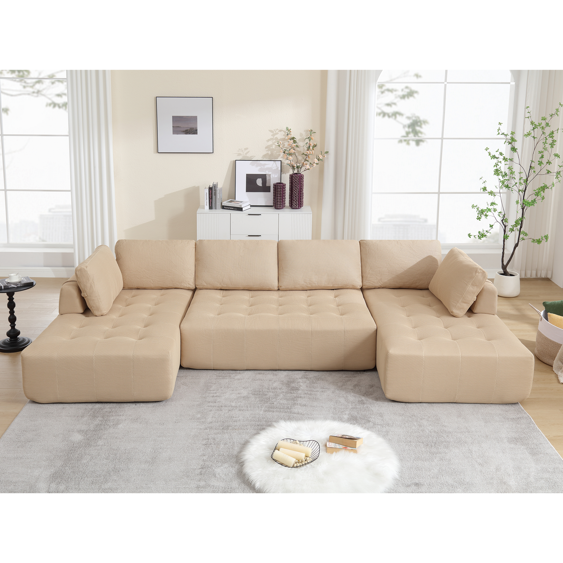 Arrived 138.5 "Modular Combination Sofa, U Shaped Sofa, Living Room, Apartment, Upholstered ,6 Seat Sofa, Free Combination Sofa Mesh Fabric ,Fabric, Khaki Khaki Polyester Primary Living Space Soft