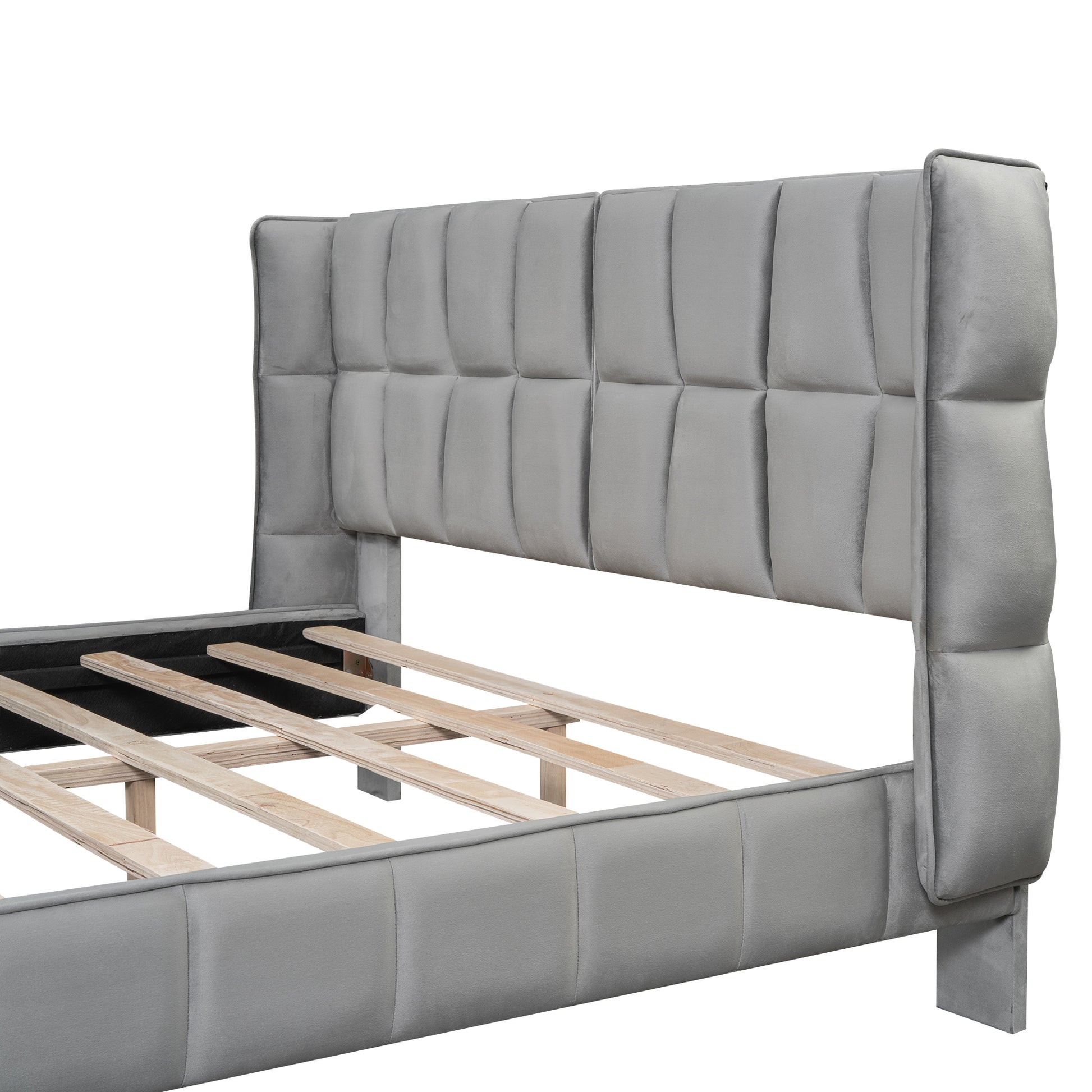Queen Size Upholstered Velvet Platform Bed, Gray Box Spring Not Required Queen Gray Wood Bedroom Bed Frame Velvet Upholstered