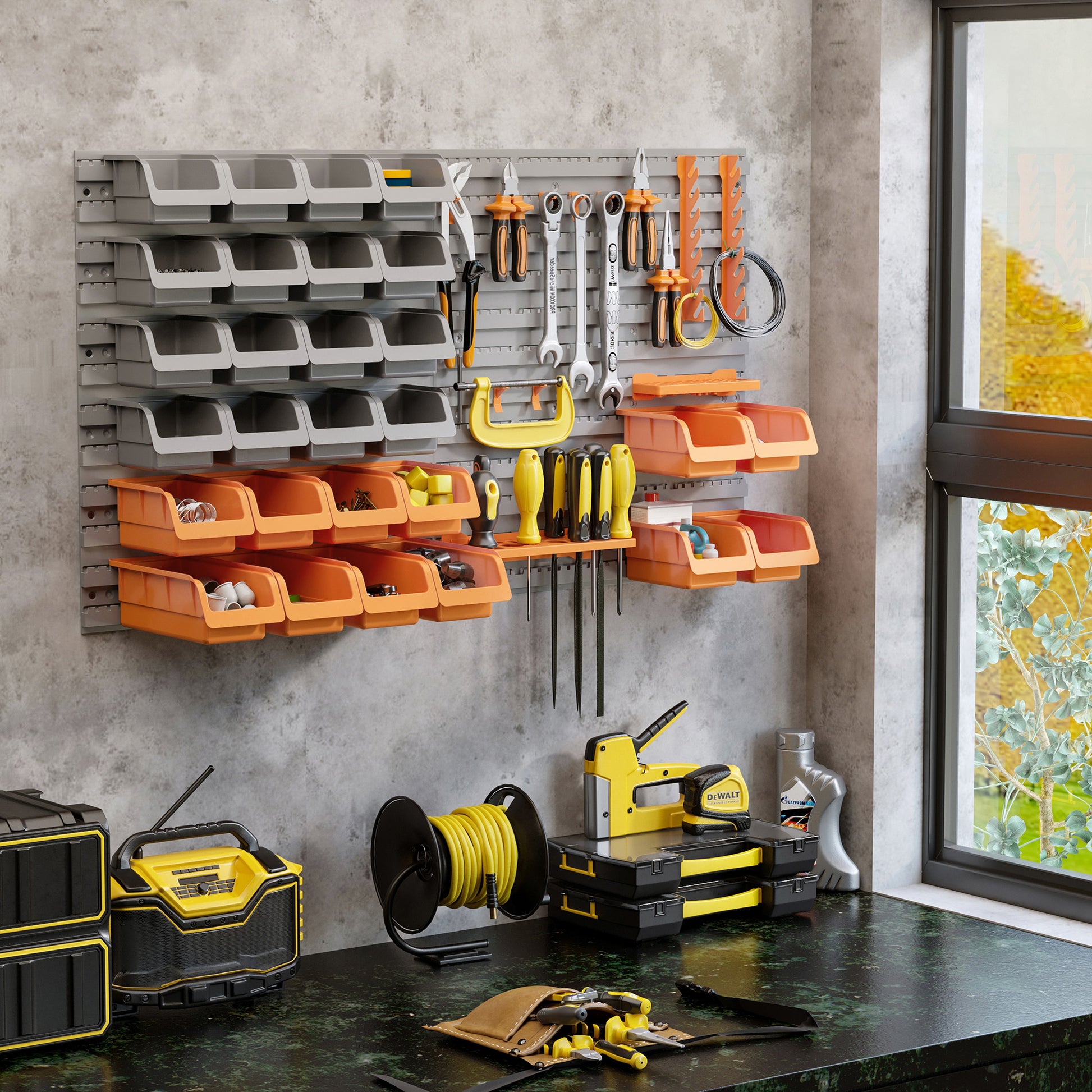 Durhand 44 Piece Wall Mounted Pegboard Tool Organizer Rack Kit With Various Sized Storage Bins, Pegboard, & Hooks, Orange Orange Plastic