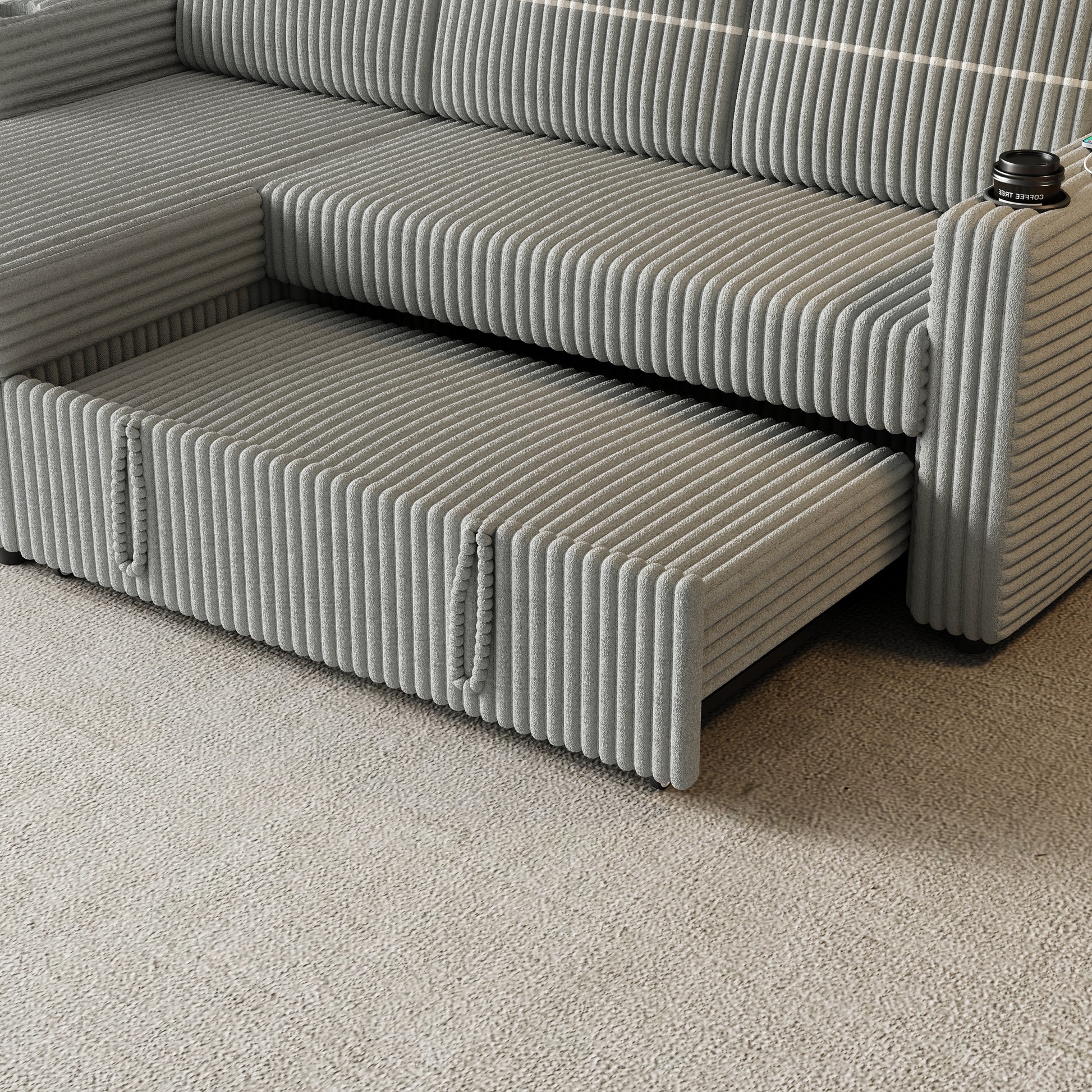 85 Inches Corduroy Sofa Bed, 3 Seater Sleeper Sofa With Storage Chaise, Square Handrail With Two Cup Holder And Usb Charge Port, Pull Out Couch For Living Room Light Grey Corduroy 3 Seat