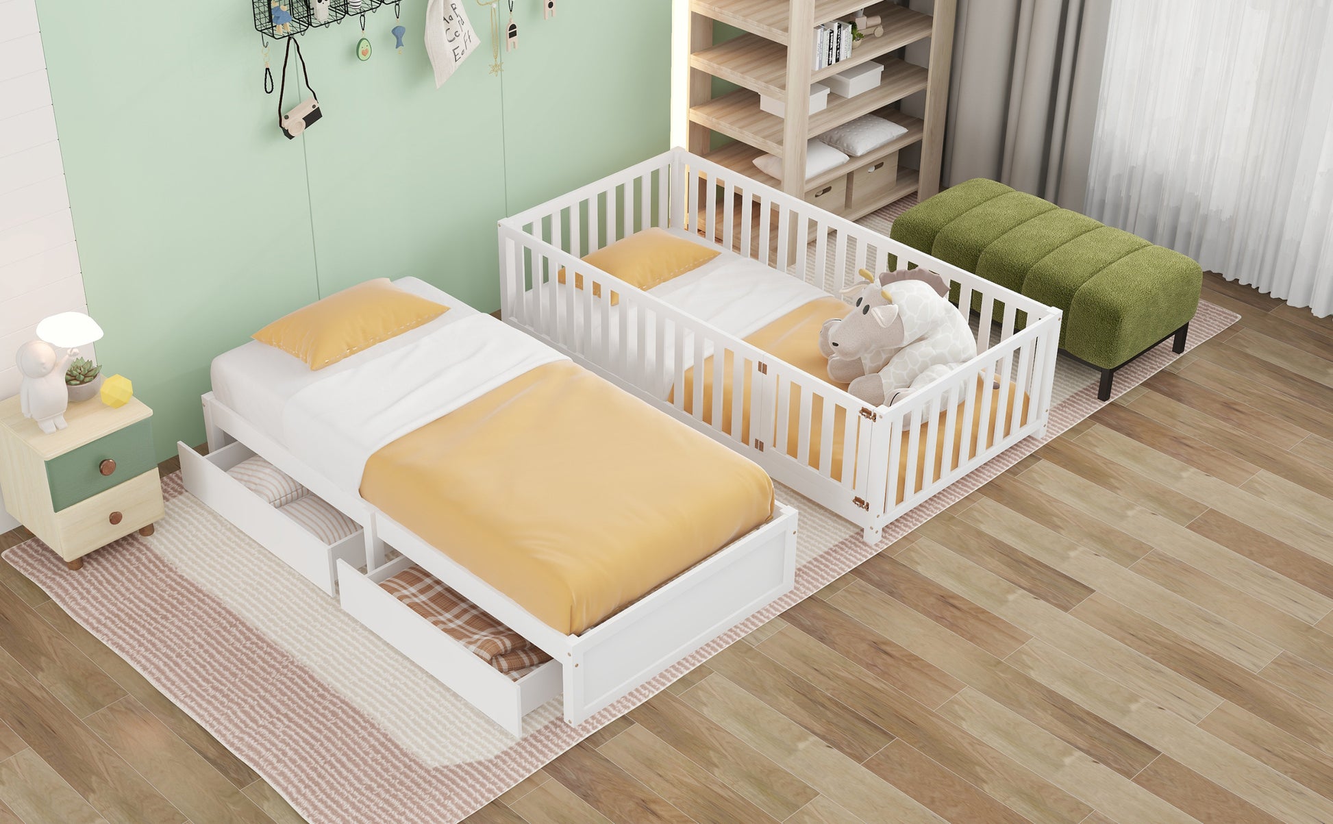 Twin Size Wood Daybed With Fence Guardrails And 2 Drawers, Split Into Independent Floor Bed & Daybed, White Old Sku :Lp000881Aak Twin White Solid Wood Mdf