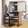 Small Space Left Bedside Cabinet Vanity Table Cushioned Stool, Extra Large Right Sliding Mirror, Multi Layer High Capacity Storage, Practical Fashionable Dresser, Suitable For Girls Up To 5.6Ft Tall Black American Design Mdf