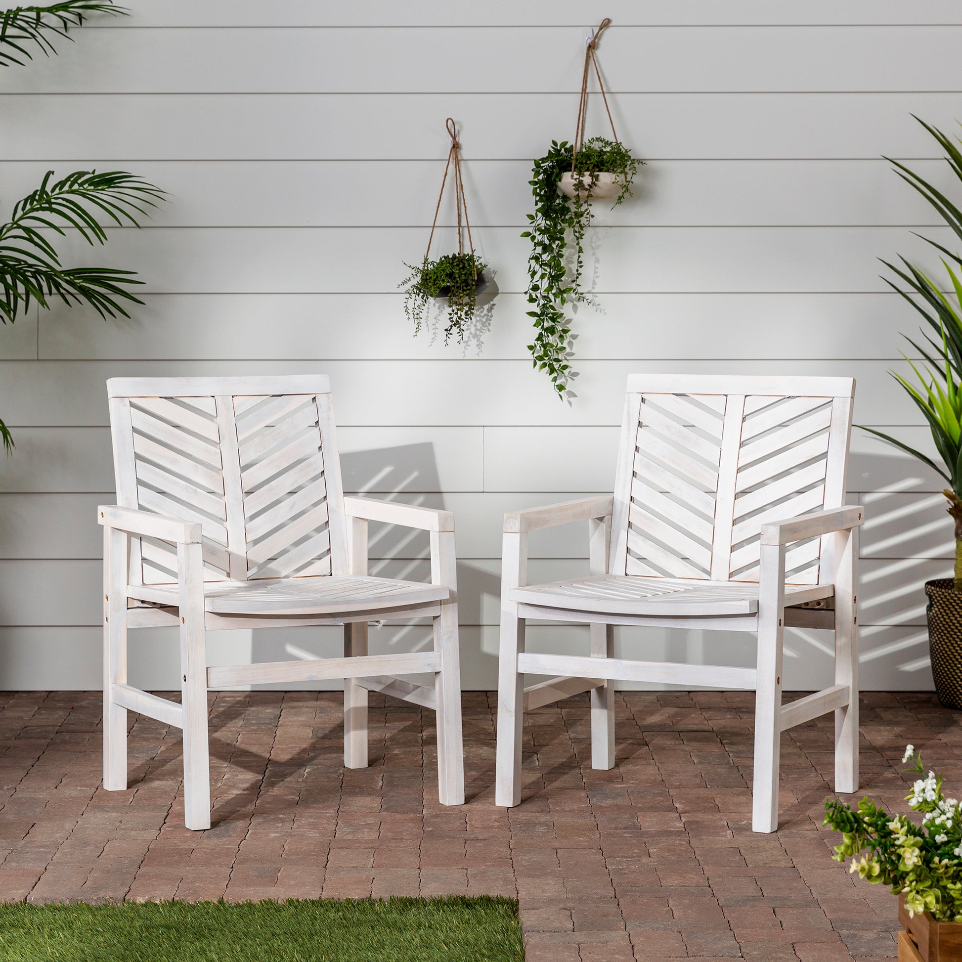 Modern Chevron Patio Chairs, Set Of 2 White Wash White Washed Acacia Wood