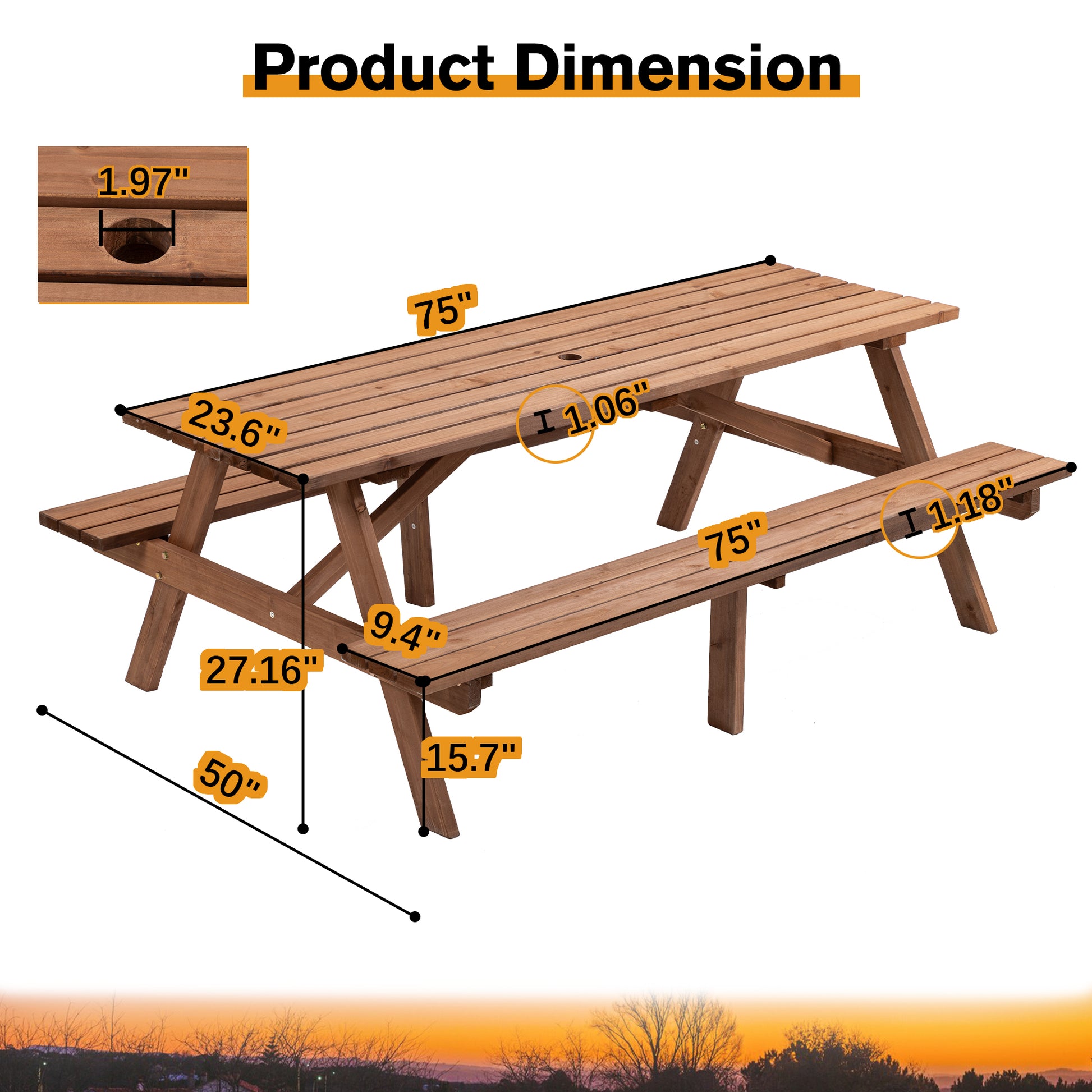 8 Person Brown Wooden Picnic Table, Outdoor Camping Dining Table With 2 Seats, Garden, Diy With 2 Built In Benches, 2220Lb Capacity Brown Wood