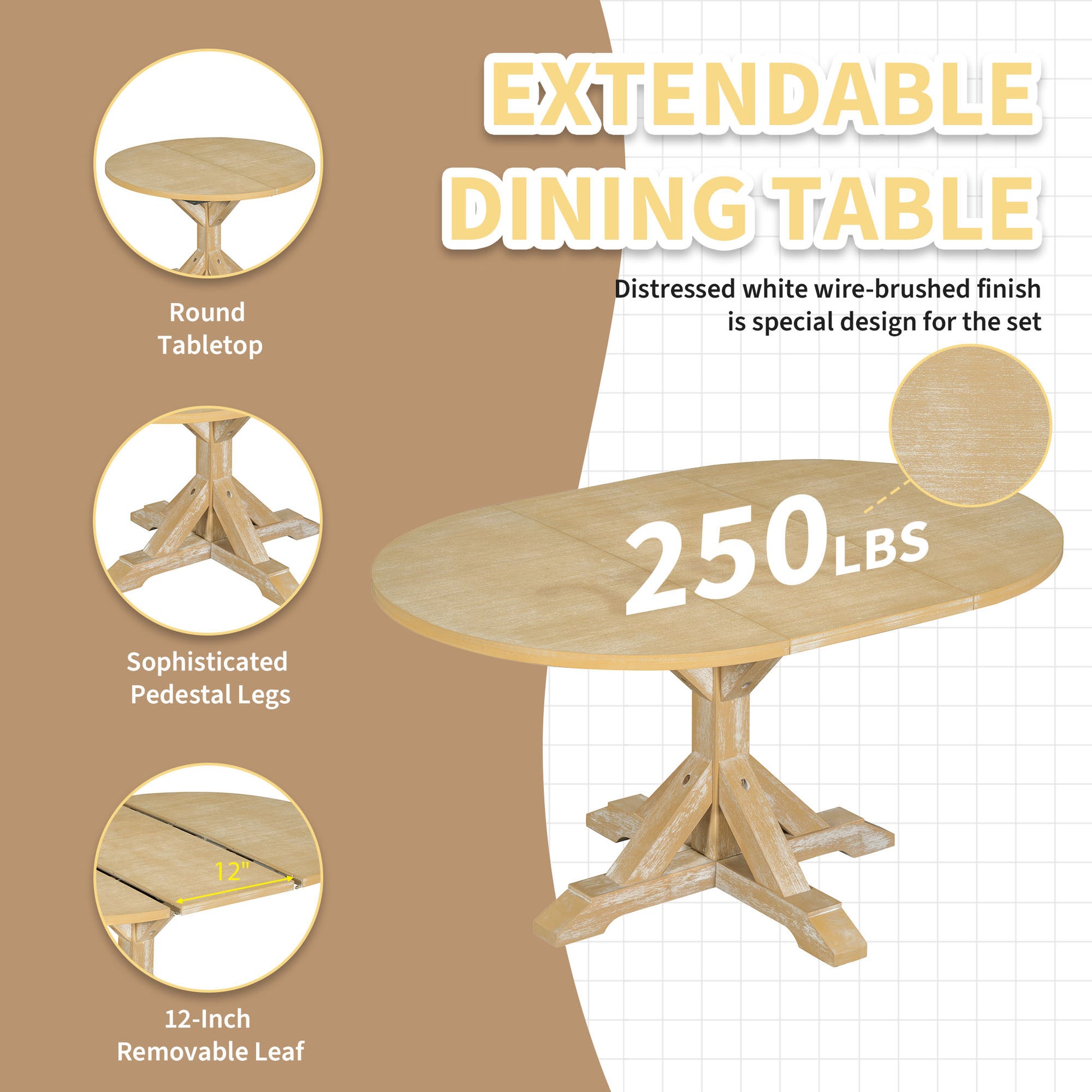 Farmhouse 6 Piece 60Inch Extendable Pedestal Dining Table Set With 18Inch Removable Leaf, 44Inch Bench And 4 Ladder Back Dining Chairs, Natural Wood Dining Room Solid Wood Rubberwood Oval Dining Table With Bench Wood Wood Natural Ladder Back Seats 6 60
