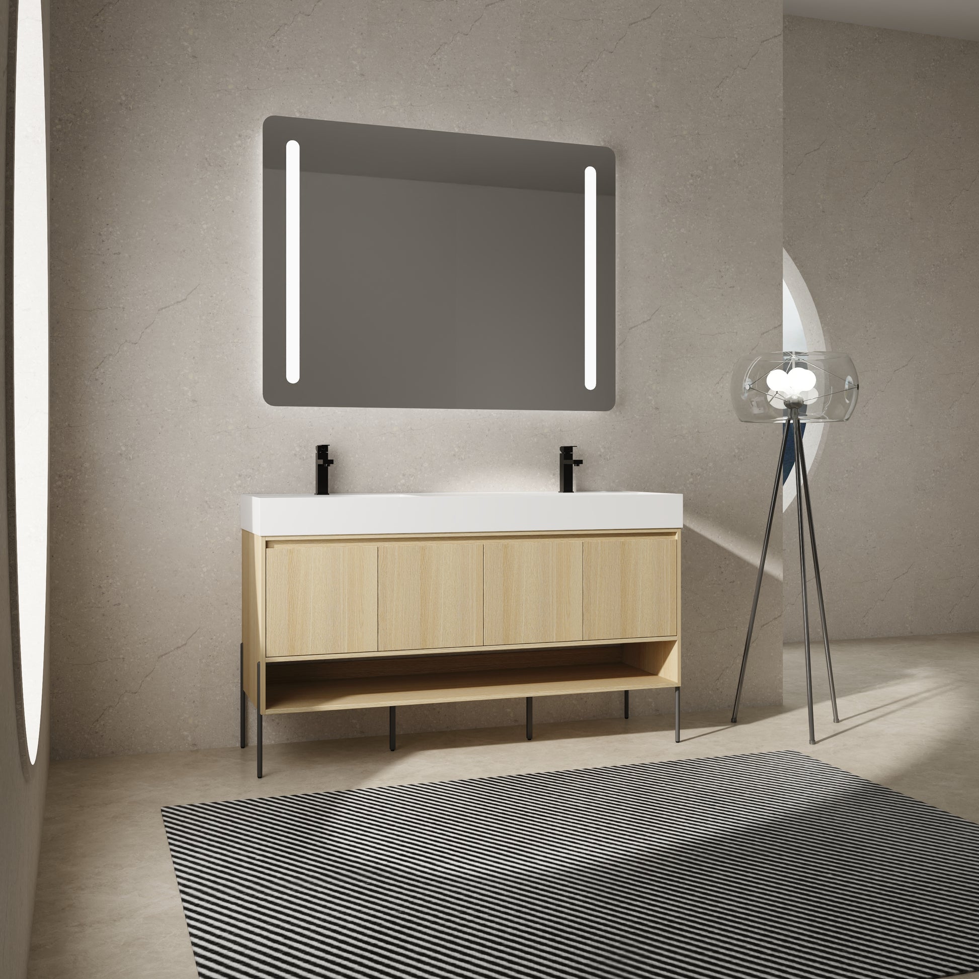 60" Bathroom Vanity Combo W Single Ceramic Sink, Modern Storage Cabinet Set 2 Door, Multilayer Solid Wood, Oak Oak Bathroom American Design Engineered Wood