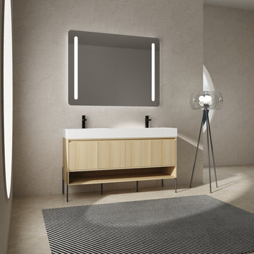 60" Bathroom Vanity Combo W Single Ceramic Sink, Modern Storage Cabinet Set 2 Door, Multilayer Solid Wood, Oak Oak Bathroom American Design Engineered Wood