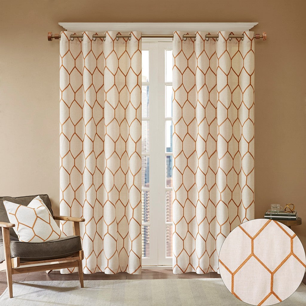 Metallic Geo Embroidered Curtain Panel Only 1 Pc Panel Cream Brown Polyester