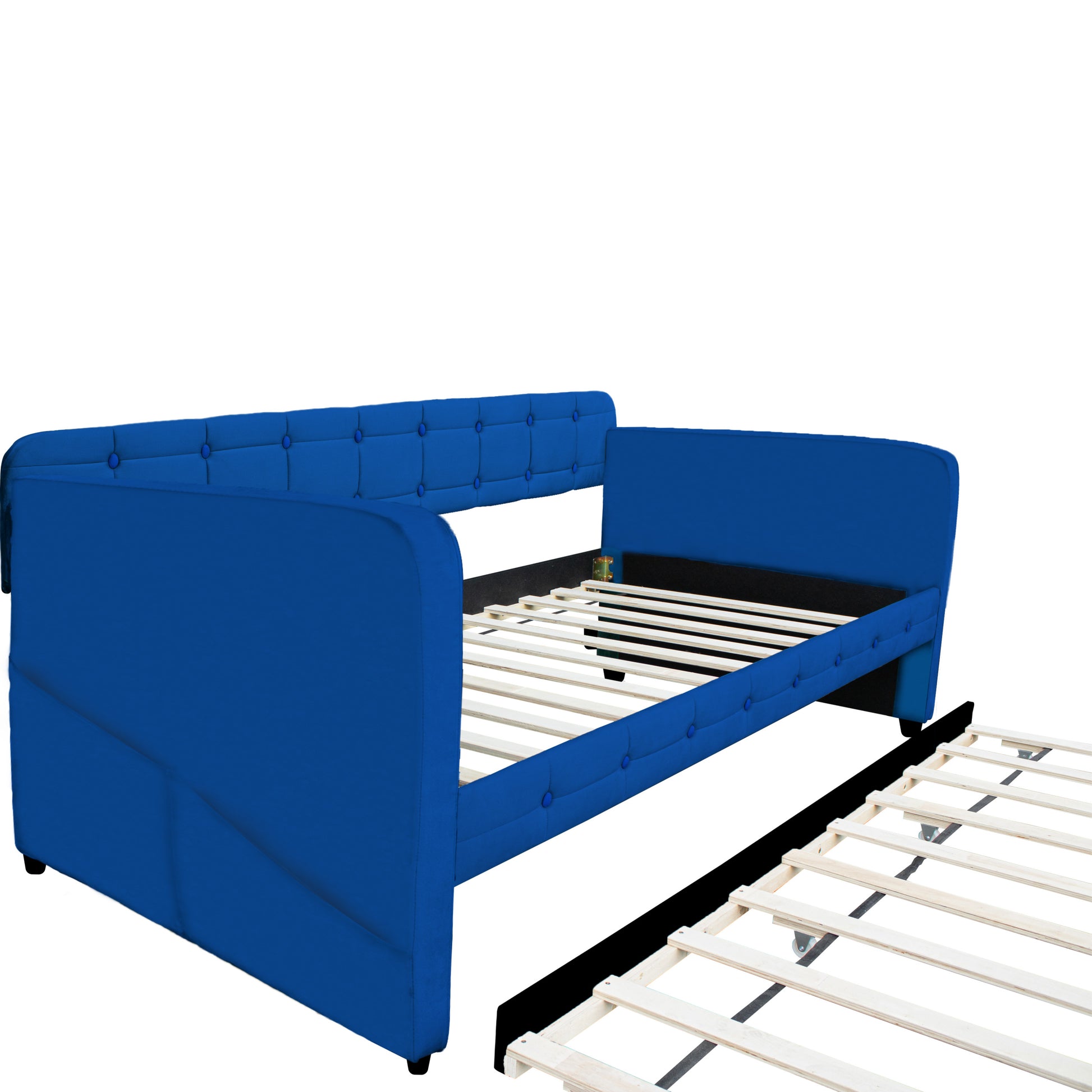 Blue Upholstered Twin Size Daybed With Trundle, Velvet Fabric, No Box Spring Required, Comfortable And Simple Design Models Box Spring Not Required Twin Blue Wood Espresso Bedroom Artsy,Classic,Retro Rubberwood Fiber Foam And Polyester Fiber Pad Velvet