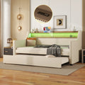 Twin Size Daybed With Trundle, Upholstered Daybed With Charging Station And Led Lights, Beige Twin Beige Pu Leather