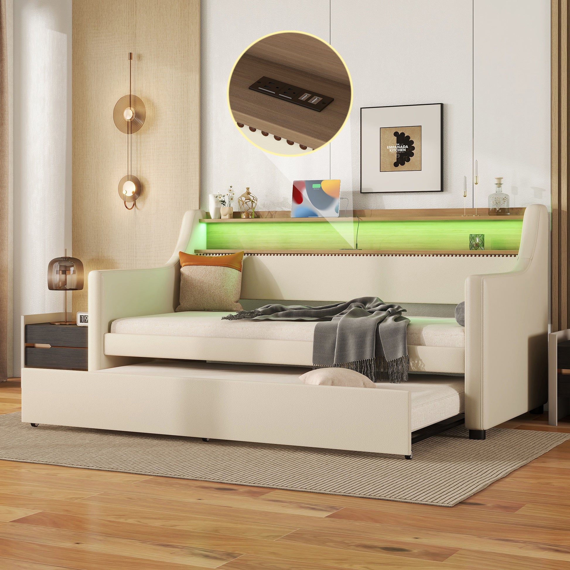 Twin Size Daybed With Trundle, Upholstered Daybed With Charging Station And Led Lights, Beige Twin Beige Pu Leather