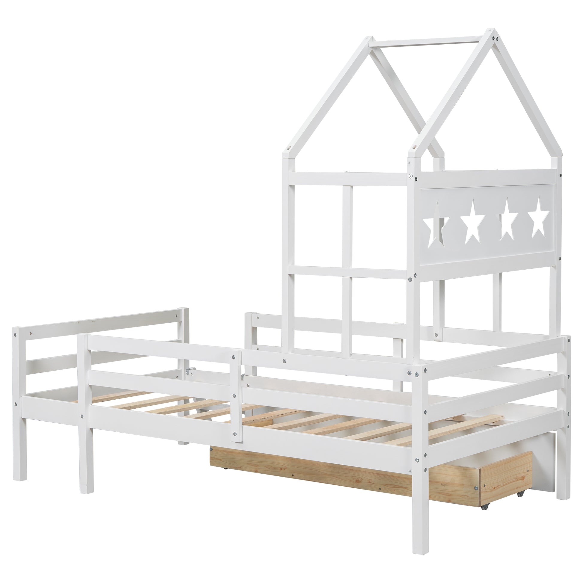 Wood Twin Size House Platform Bed With Guardrail And Drawer, White Box Spring Not Required Twin White Wood Bedroom Bed Frame Solid Wood Mdf