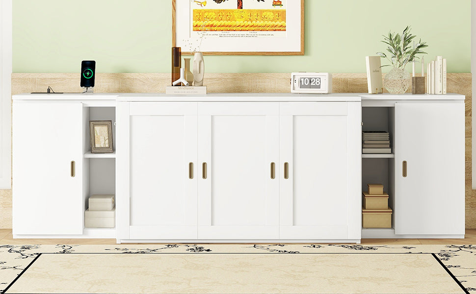 Full Size Murphy Bed With Shelves, Cabinets And Usb Ports,White White Mdf Lvl