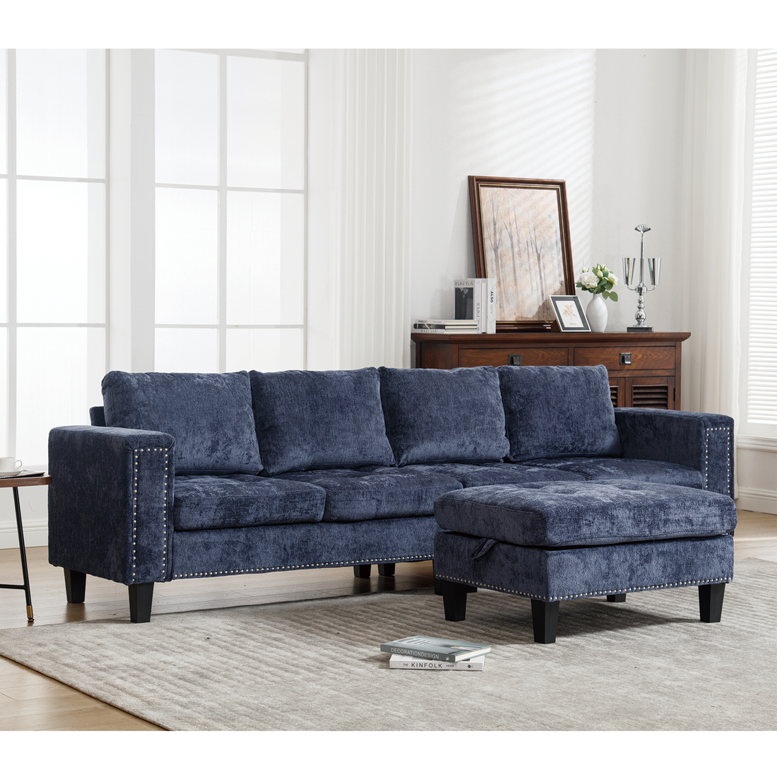 Arrived 5 Seat Modular Sofa,With Storage Ottoman, Convertible Sectional Sofa, L Shaped Couchreversible Chaise ,Riveted Sofa,Chenille, Blue Blue Polyester Wood Primary Living Space Medium Soft Cushion Back Modern Square Arms Foam Metal & Wood 5 Seat