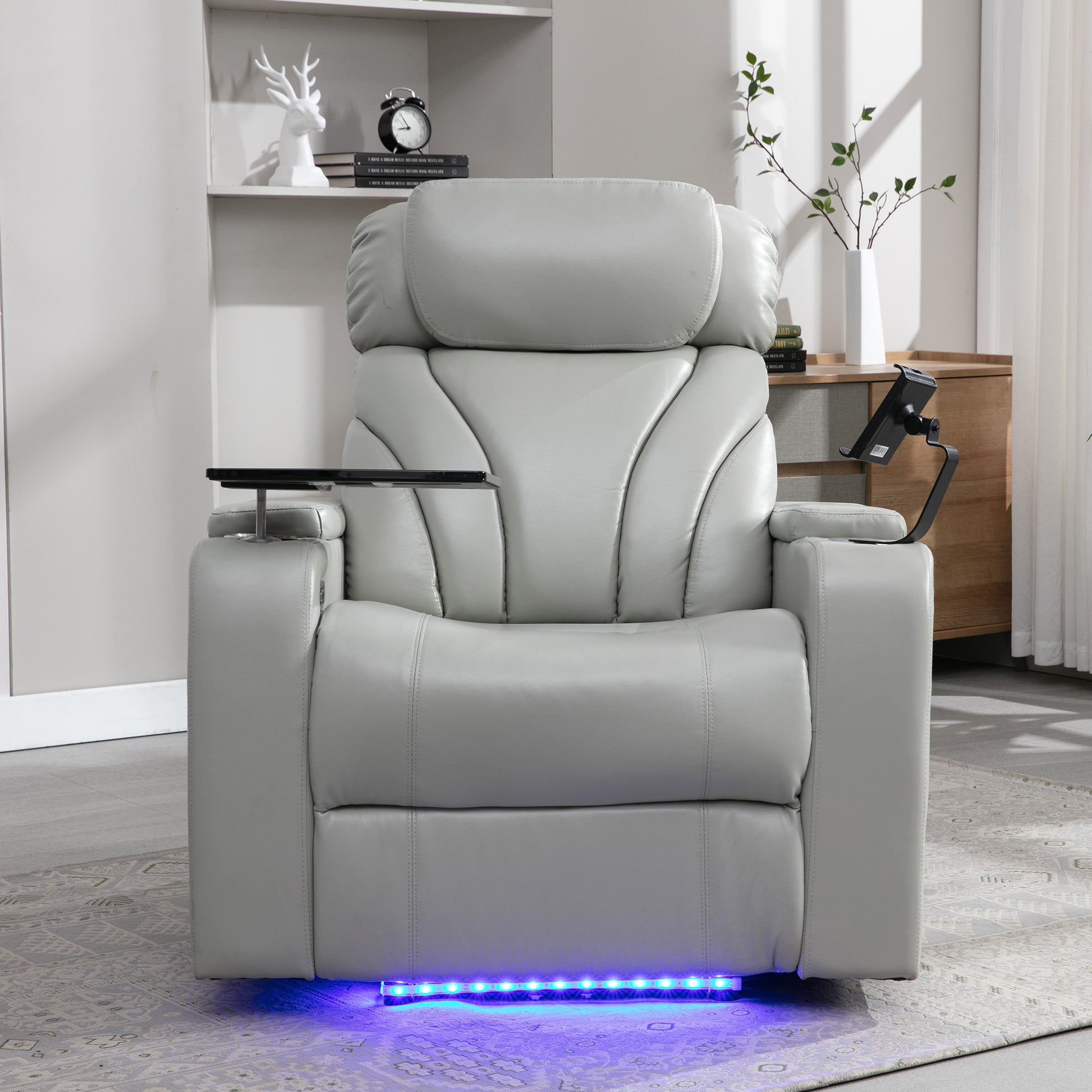 Power Motion Recliner With Usb Charging Port And Hidden Arm Storage, Home Theater Seating With Convenient Cup Holder Design ,And Stereo Light Grey Light Grey Foam Pu