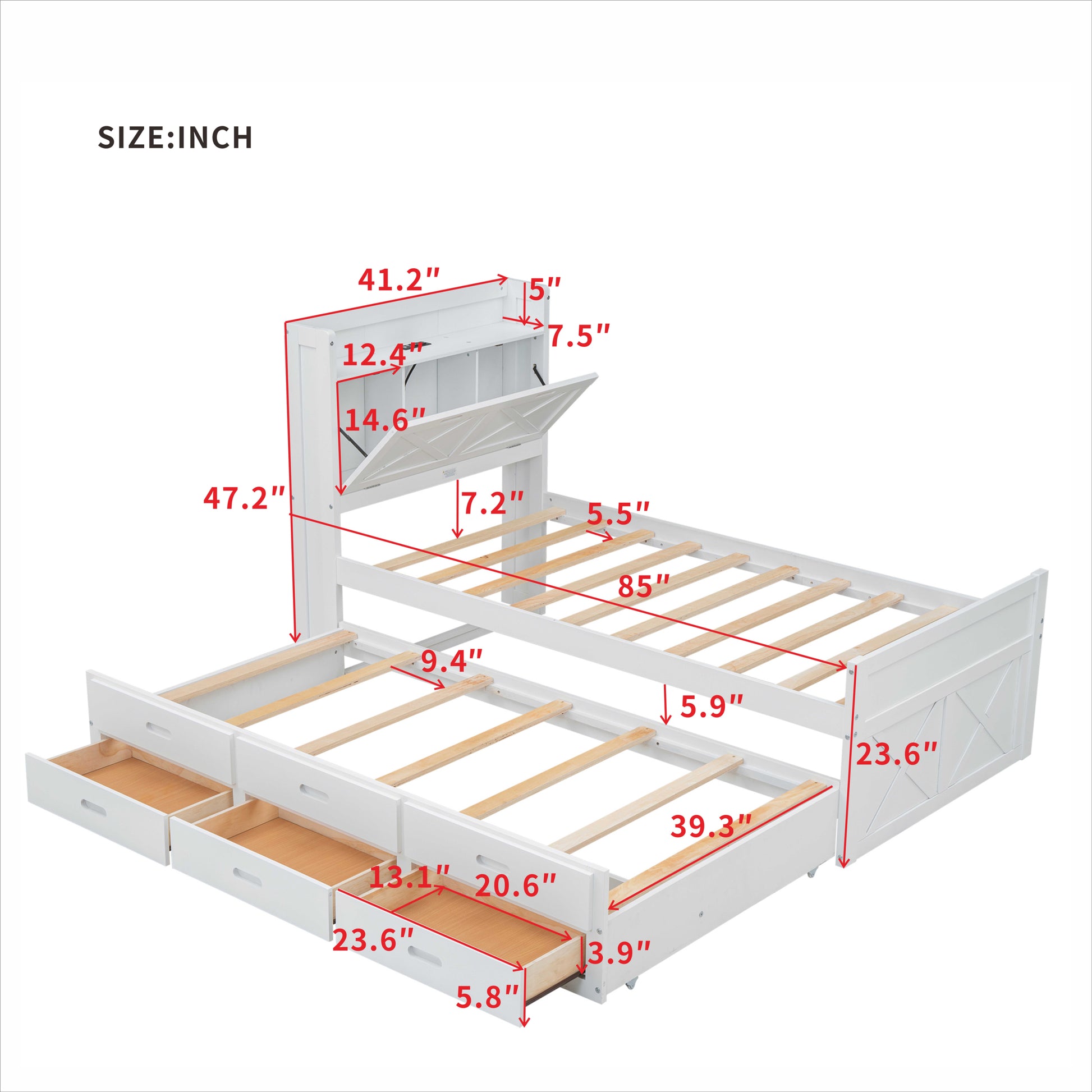 Twin Size Wooden Bed With Storage Headboard With Outlets, Extendable Bed With Twin Size Trundle With Three Storage Drawers,White Expected Arrival Time:8.23 Twin White Wood