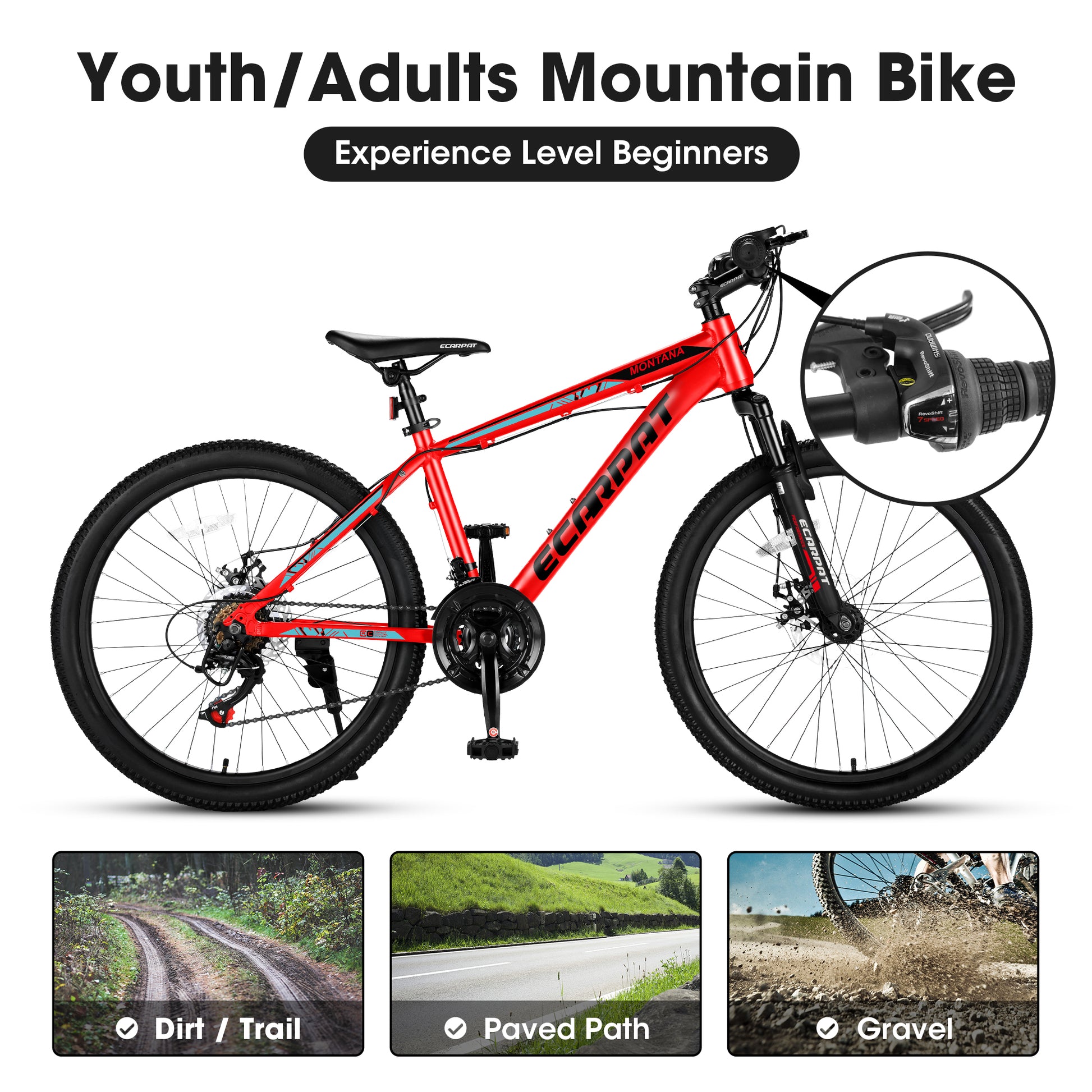 A24299 24 Inch Mountain Bike Bicycle For Adults Aluminium Frame Bike Shimano 21 Speed With Disc Brake Cycling Red Without Anti Slip Garden & Outdoor Multifunctional Aluminium