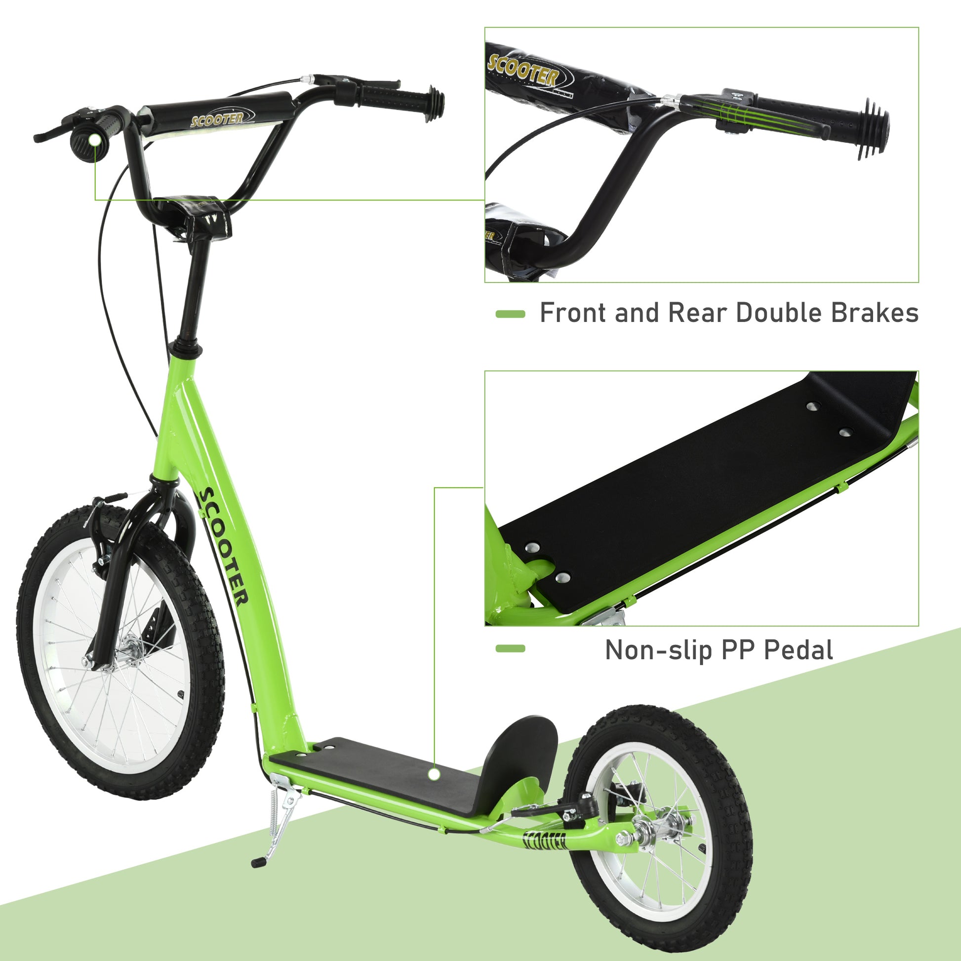Aosom Youth Scooter Kick Scooter For Kids 5 With Adjustable Handlebar 16" Front And 12" Rear Dual Brakes Inflatable Wheels, Green Green Steel