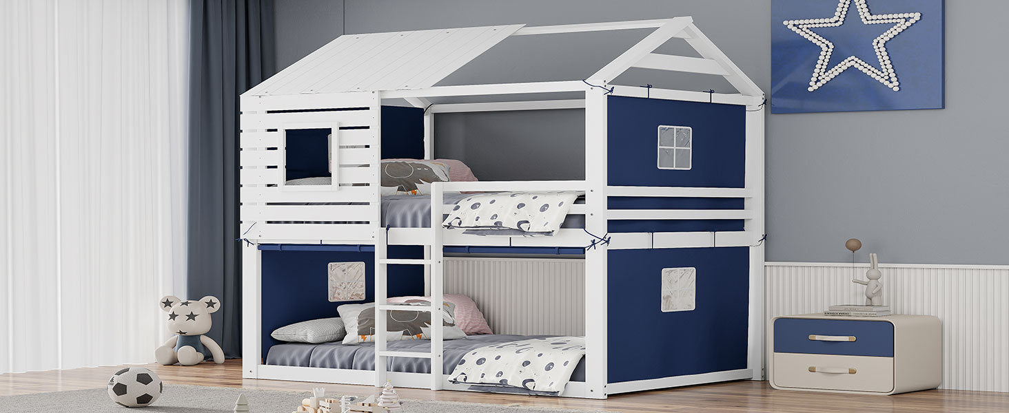 Full Size Bunk Wood House Bed With Tent, Blue White Full Blue Solid Wood Mdf