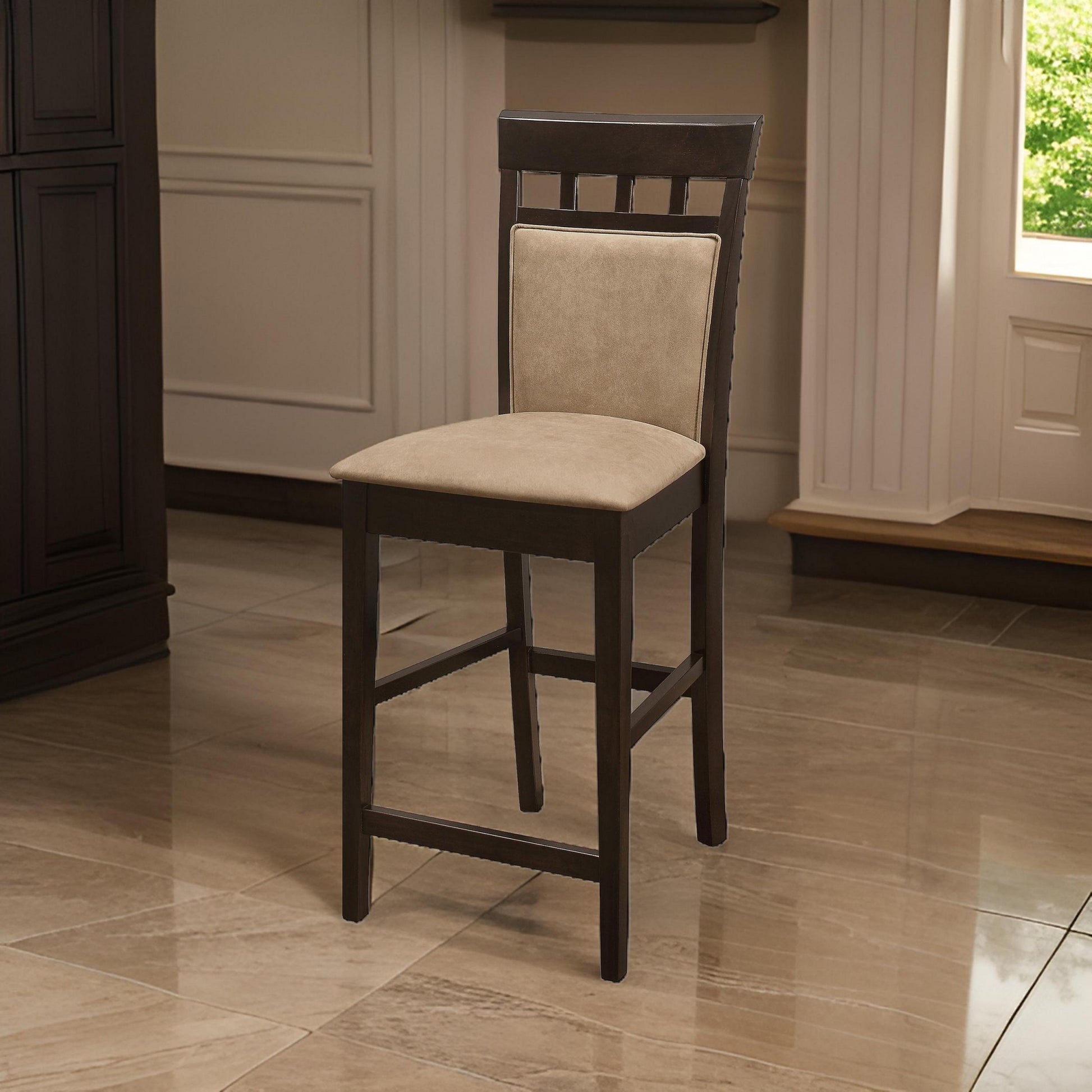 Upholstered Panel Back Counter Height Stool With Fabric Seat, Brown & Beige, Set Of 2 Brown Beige Wood Fabric