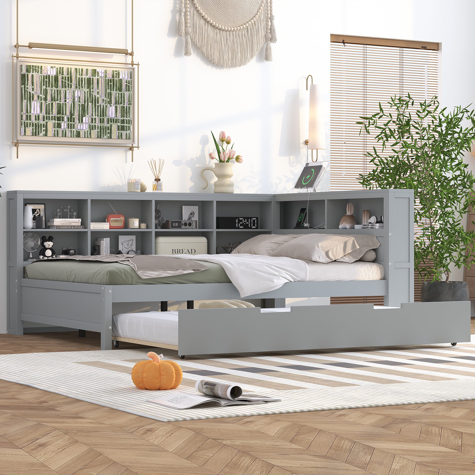 Wooden Full Size Daybed With Twin Size Trundle, Daybed With Storage Shelf And Usb Charging Ports,Grey Full Grey Wood