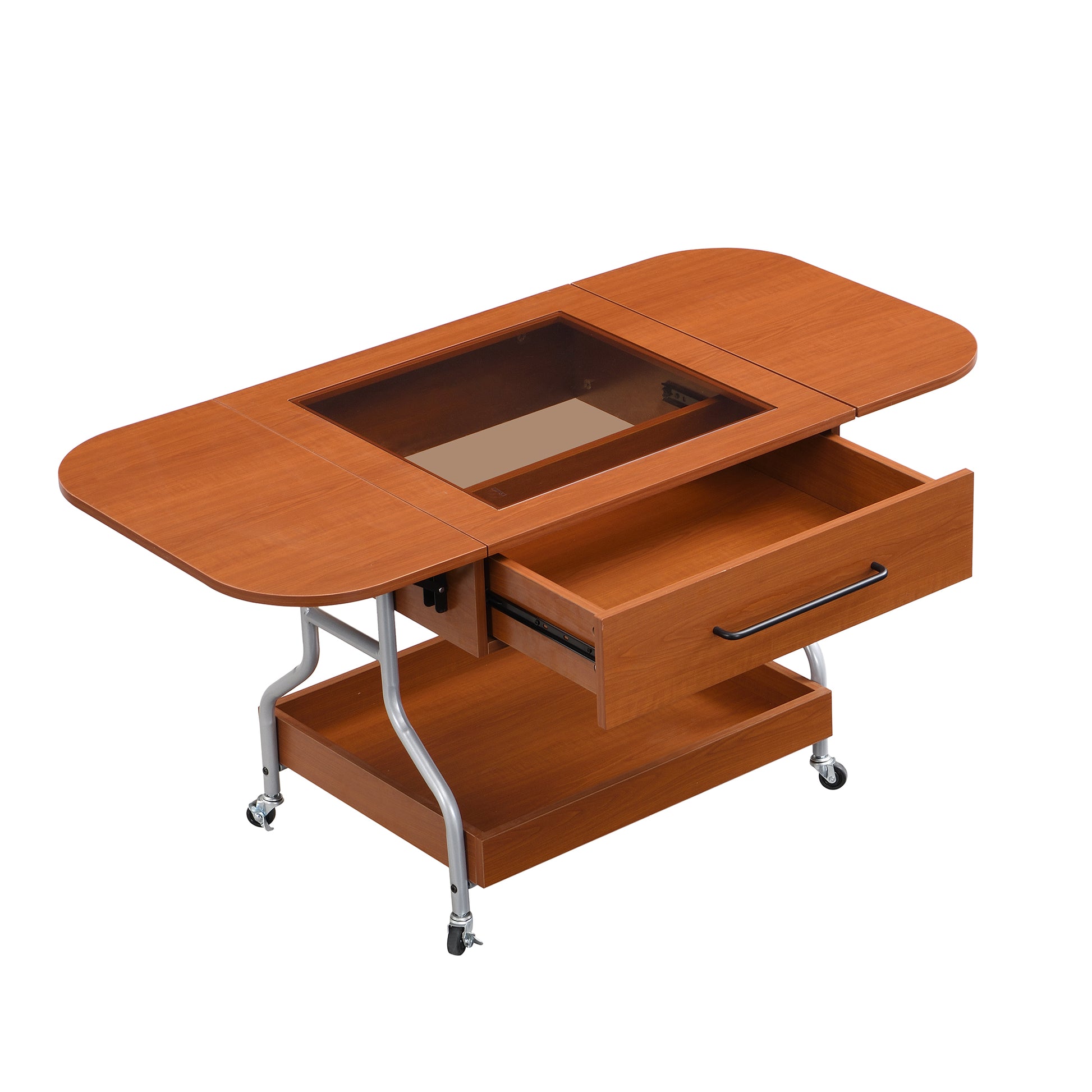 Modern Extended Coffee Table With Wheels, Folding Coffee Table With 1 Drawer And 2 Tier Storage, Metal Frame Coffee Table For Living Room Mahogany Glass,Mdf Metal