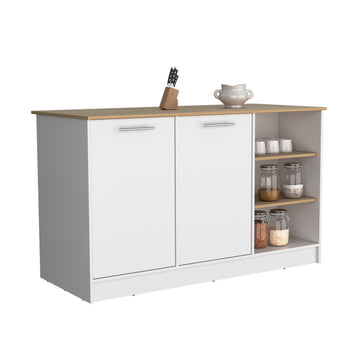 Kitchen Island Two Cabinets, Three Open Shelves, White Natural Oak Multicolor Solid Wood Mdf Engineered Wood