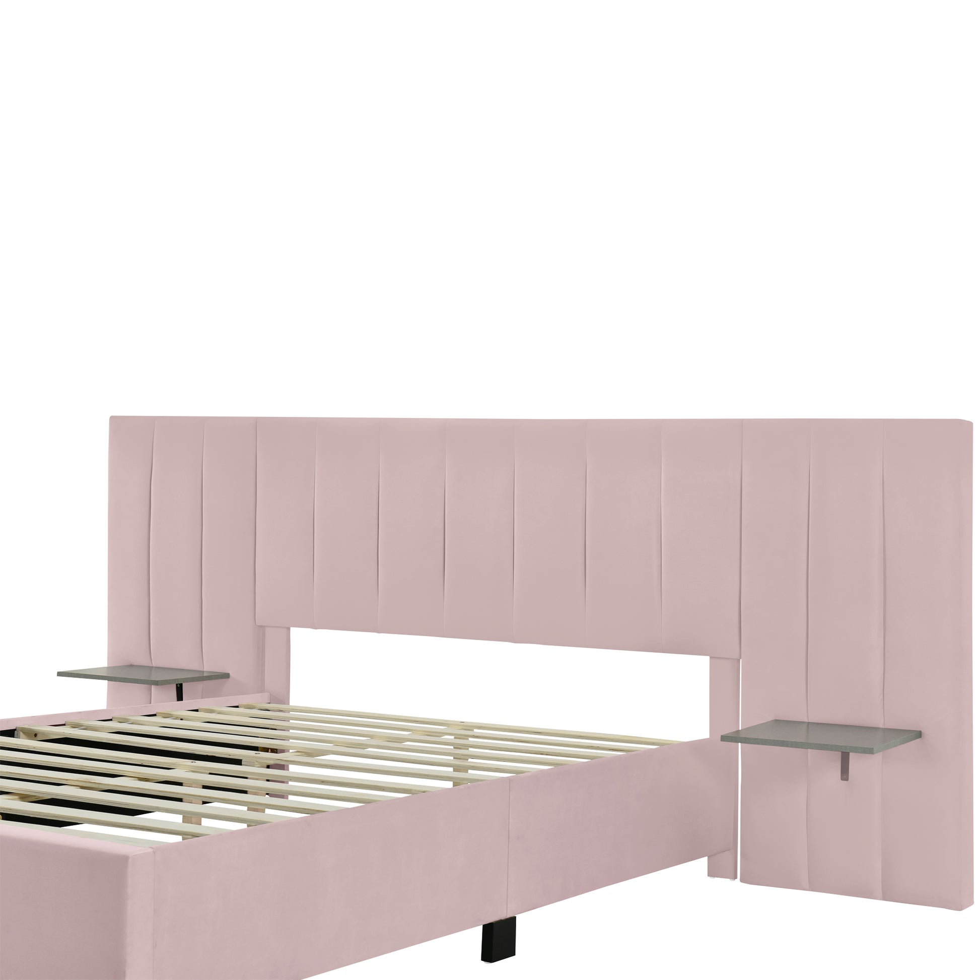 Queen Size Upholstered Platform Bed With Big Headboard, Bedroom Furniture, Velvet, Pink Queen Pink Plywood