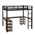 Full Metal Loft Bed With Desk And Shelves, Loft Bed With Ladder And Guardrails, Loft Bed Frame For Bedroom, Black With Vintage Wood Colored Desk Full Black Metal