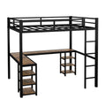 Full Metal Loft Bed With Desk And Shelves, Loft Bed With Ladder And Guardrails, Loft Bed Frame For Bedroom, Black With Vintage Wood Colored Desk Black Metal