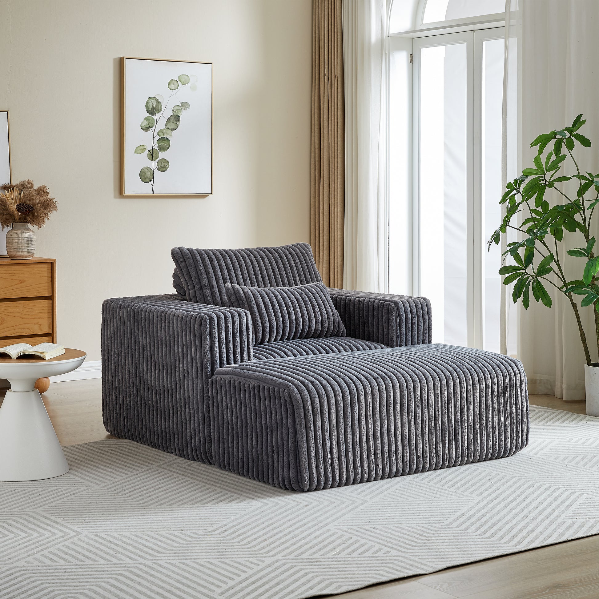 62.5 Inch Corduroy Sponge Sofa Lounge Chair With Removable Footrest,No Assembly Required,Fluffy Modern Sleeper Chair For Indoor Living Room Bedroom Grey Foam Corduroy 1 Seat