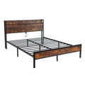 Black Queen Metal Bed Frame With Wooden Headboard And And Footboard And Iron Slats, Rustic Bed Base, Heavy Duty Platform Bed Frame, 12 Inch Underbed Storage No Springs Required Box Spring Required Queen Black Dark Walnut Metal Brown Bedroom