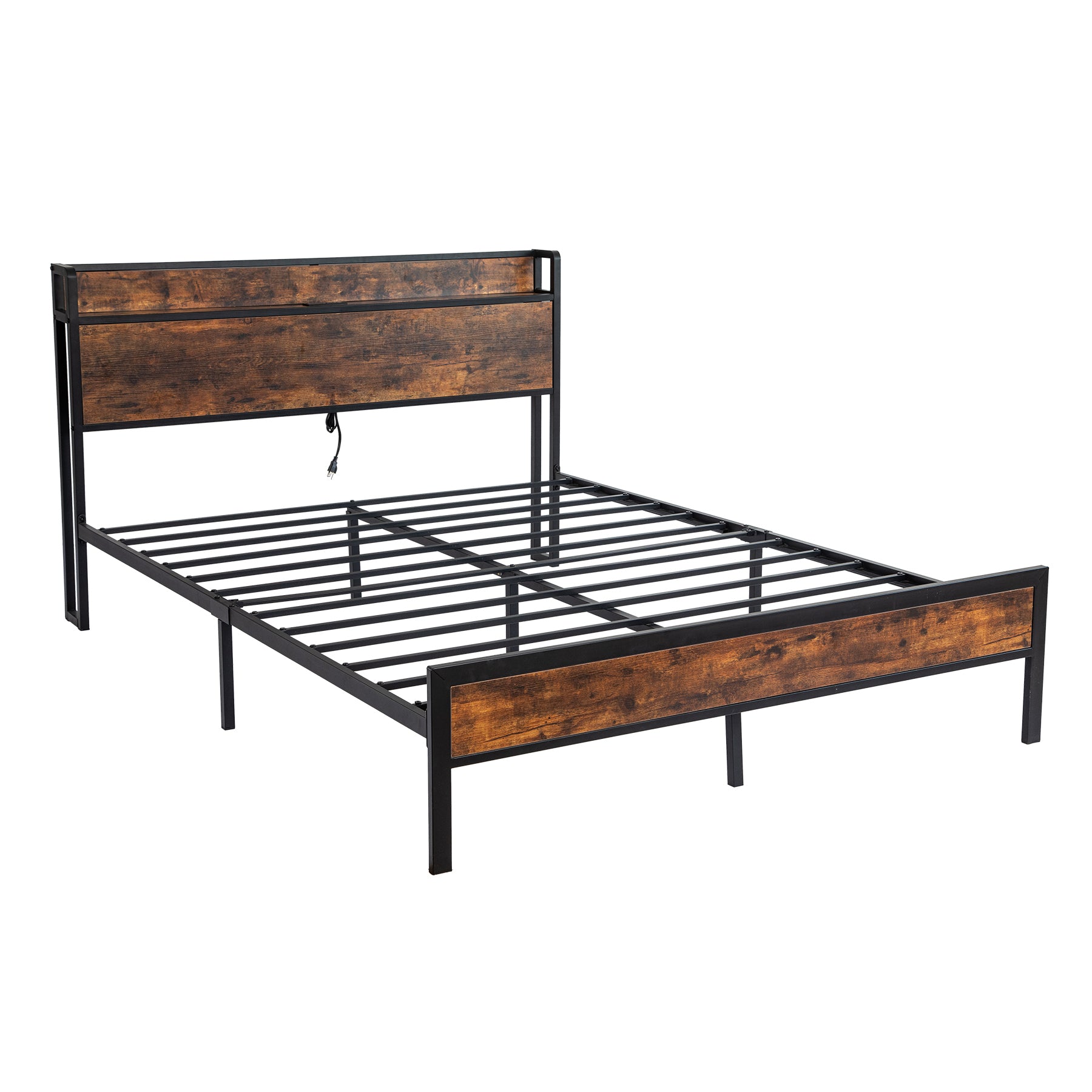 Black Queen Metal Bed Frame With Wooden Headboard And And Footboard And Iron Slats, Rustic Bed Base, Heavy Duty Platform Bed Frame, 12 Inch Underbed Storage No Springs Required Box Spring Required Queen Black Dark Walnut Metal Brown Bedroom