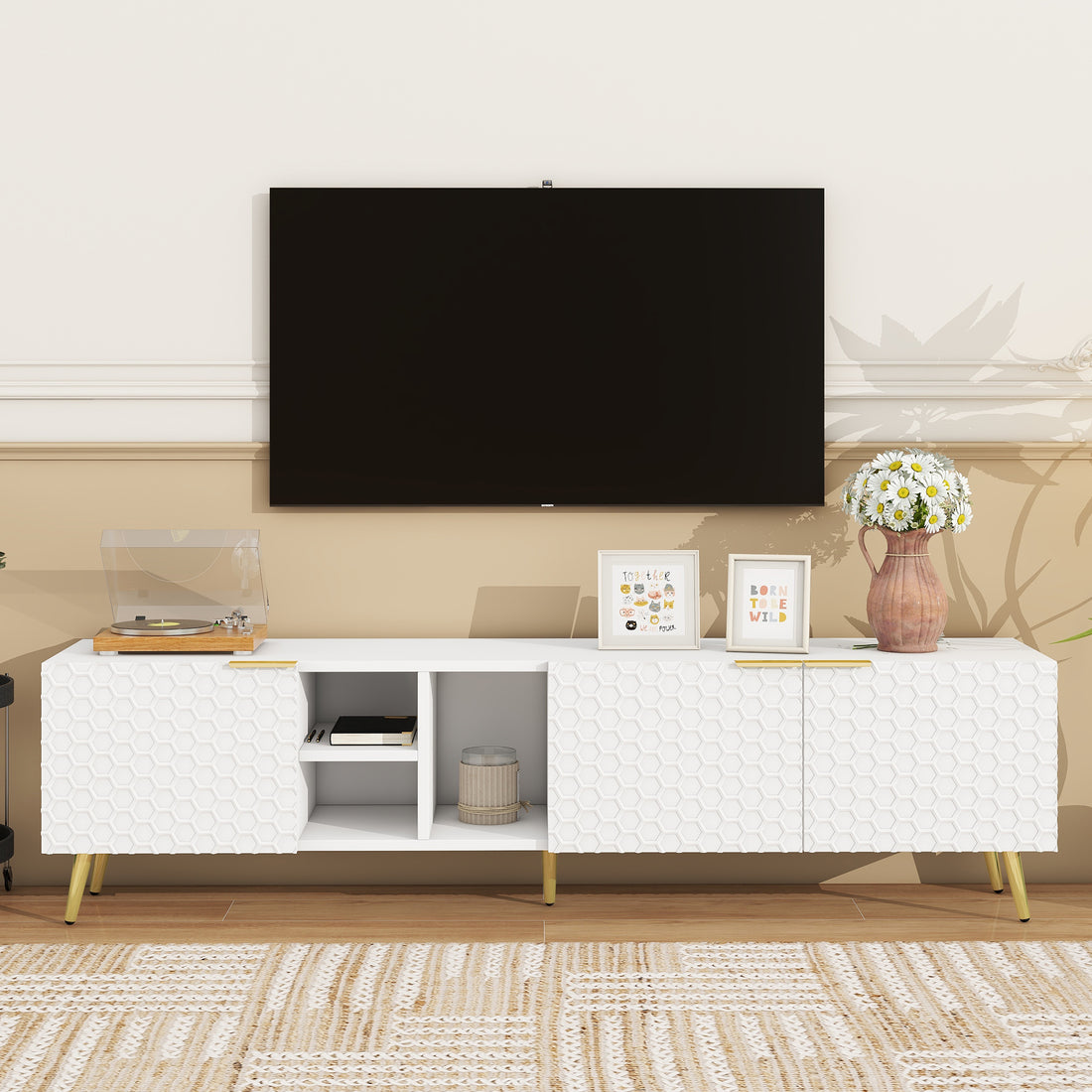 Modern Minimalist Geometric Tv Cabinet With Metal Handles And Gold Legs For Tvs Up To 80'', Multi Functional Tv Stand With Storage Cabinets, Entertainment Center For Living Room, White White Gold