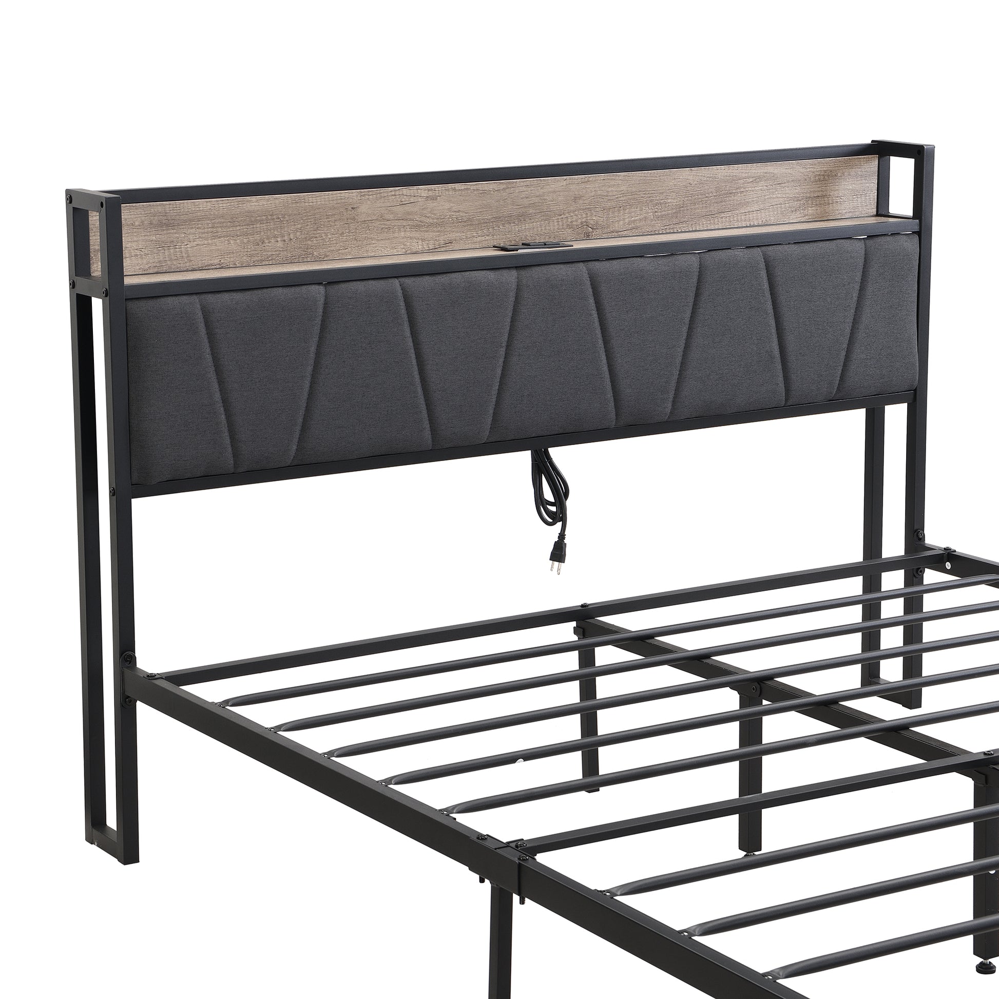 Full Size Metal Platform Bed Frame With Upholstery Storage Function Headboard And Usb Liner And Footboard With Drawers, No Box Spring Needed, Large Under Bed Storage, Easy Assemble Full Black Grey Mdf Metal