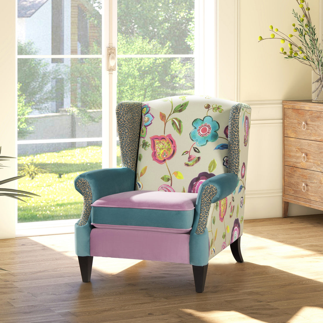 Anya Boho Chic Wingback Accent Arm Chair, Floral & Leopard, Arctic Blue & Lavender Purple Velvet Purple Multi Foam Fabric