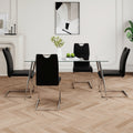 Modern Simple Rectangular Glass Dining Table, Solid Tempered Glass Tabletop, Electroplated Table Legs, Black Pu Dining Chair Set, Suitable For Restaurant Kitchen Use Set Of 5 Upholstered Chair Glass Black Pu Seats 4 Metal Rectangular Dining Table With