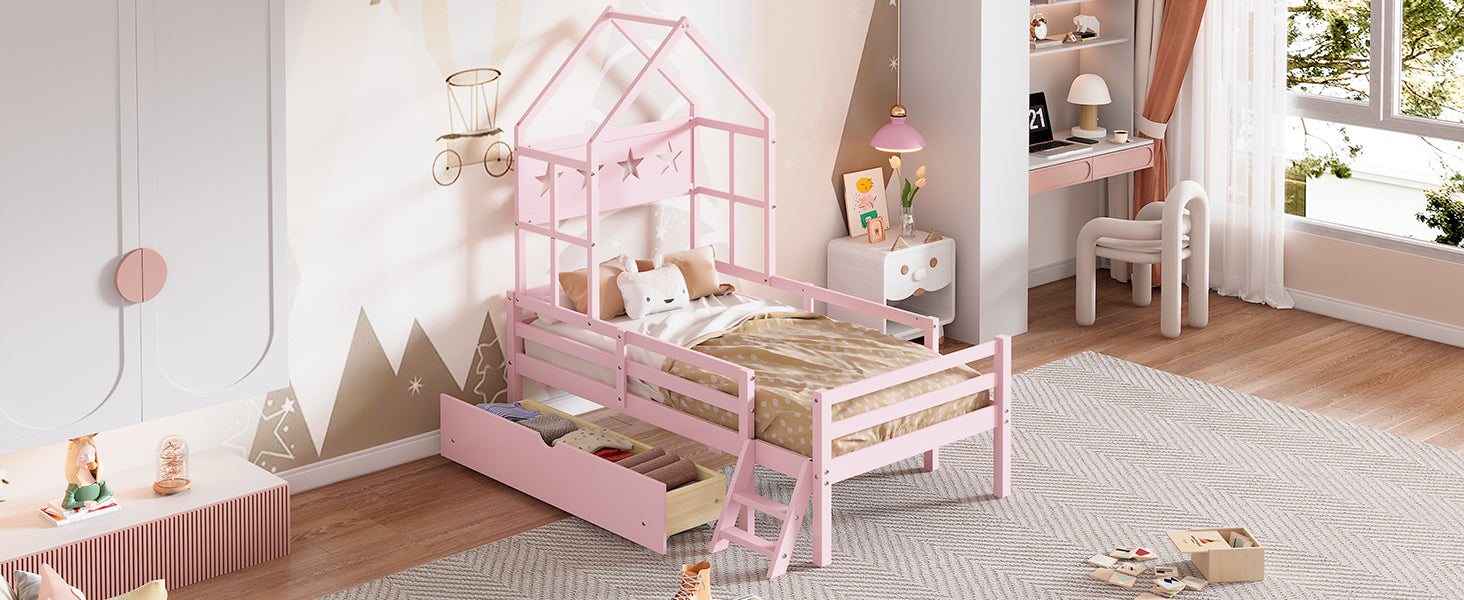 Wood Twin Size House Platform Bed With Guardrail And Drawer, Pink Box Spring Not Required Twin Pink Wood Bedroom Bed Frame Solid Wood Mdf