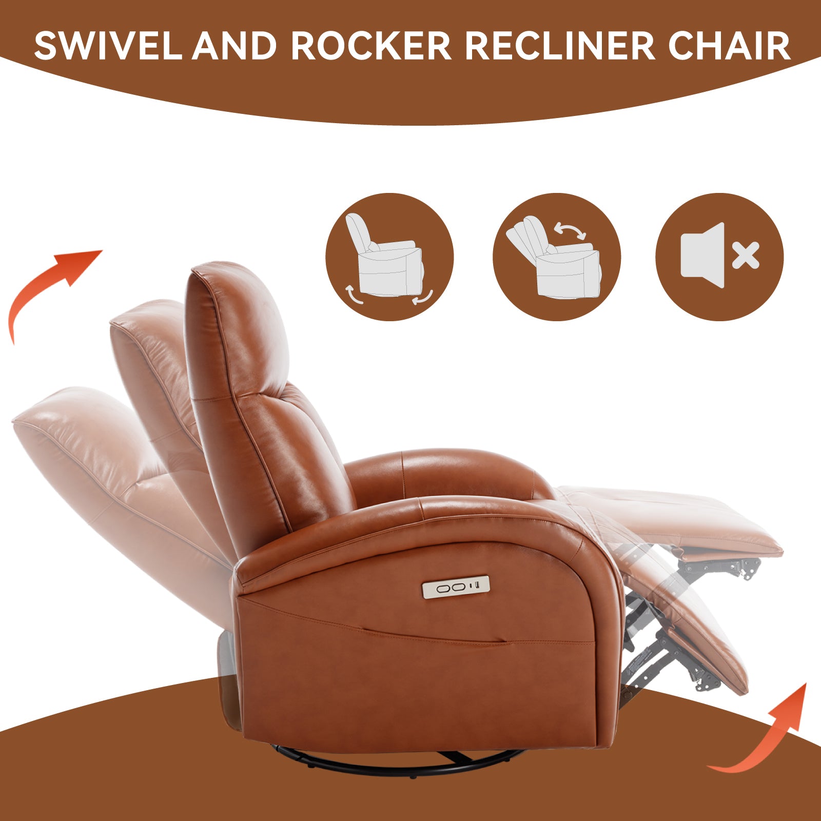 Yellow Brown Genuine Leather Swivel And Rocker Power Recliner Chair With Lumbar Support, Max Swivel Degree 270 , Heavy Duty Motion Mechanism With Usb And Type C Brown Genuine Leather Power Push Button Metal Primary Living Space Medium Firm Pillow Back