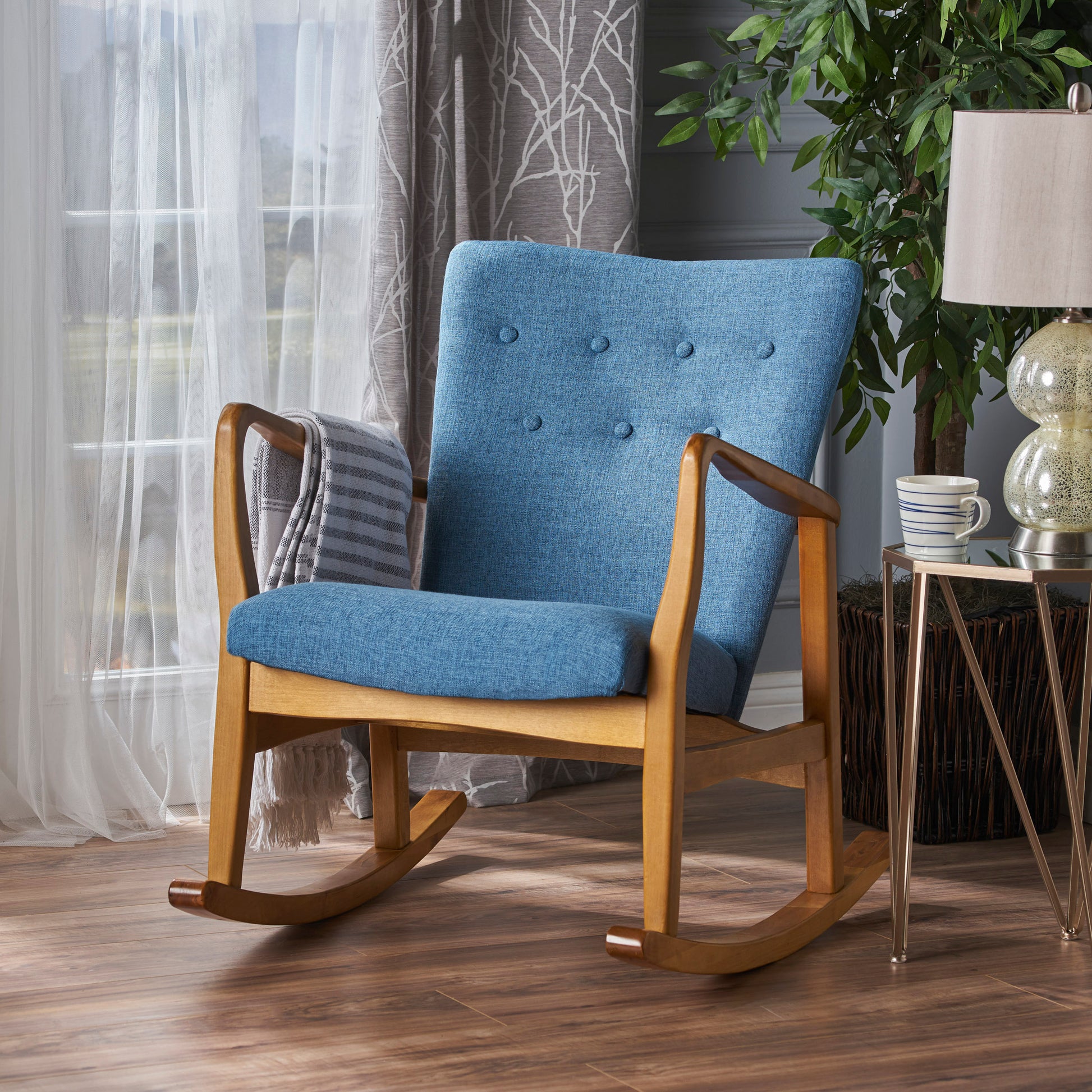 Solid Wood Rocking Chair Blue Fabric