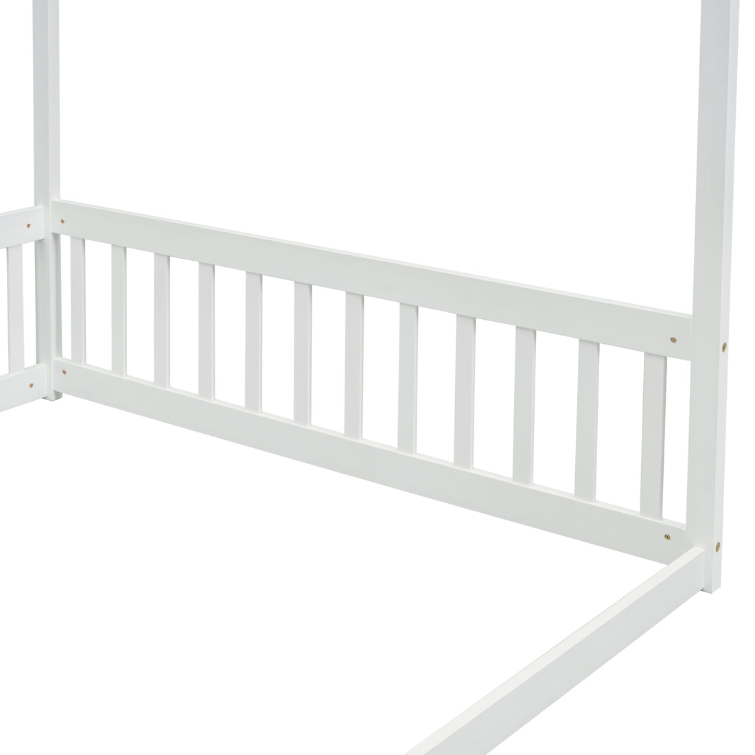 Full Size Canopy Frame Floor Bed With Fence, Guardrails,White Full White American Design Pine