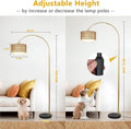 Arc Floor Lamp For Bedroom With Rattan & Linen Shades, Gold Floor Lamp With Remote & Dimming Bulb, Rustic Standing Lamp With 3 Color Temperatures, Adjustable Height Farmhouse Tall Lamp For Living