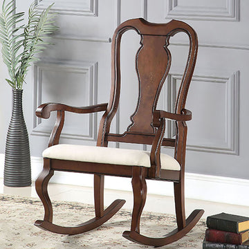 Beige And Cherry Queen Anne Back Rocking Chair Solid Beige Primary Living Space Foam Rocking Chairs Rubberwood Solid Back Wood Fabric