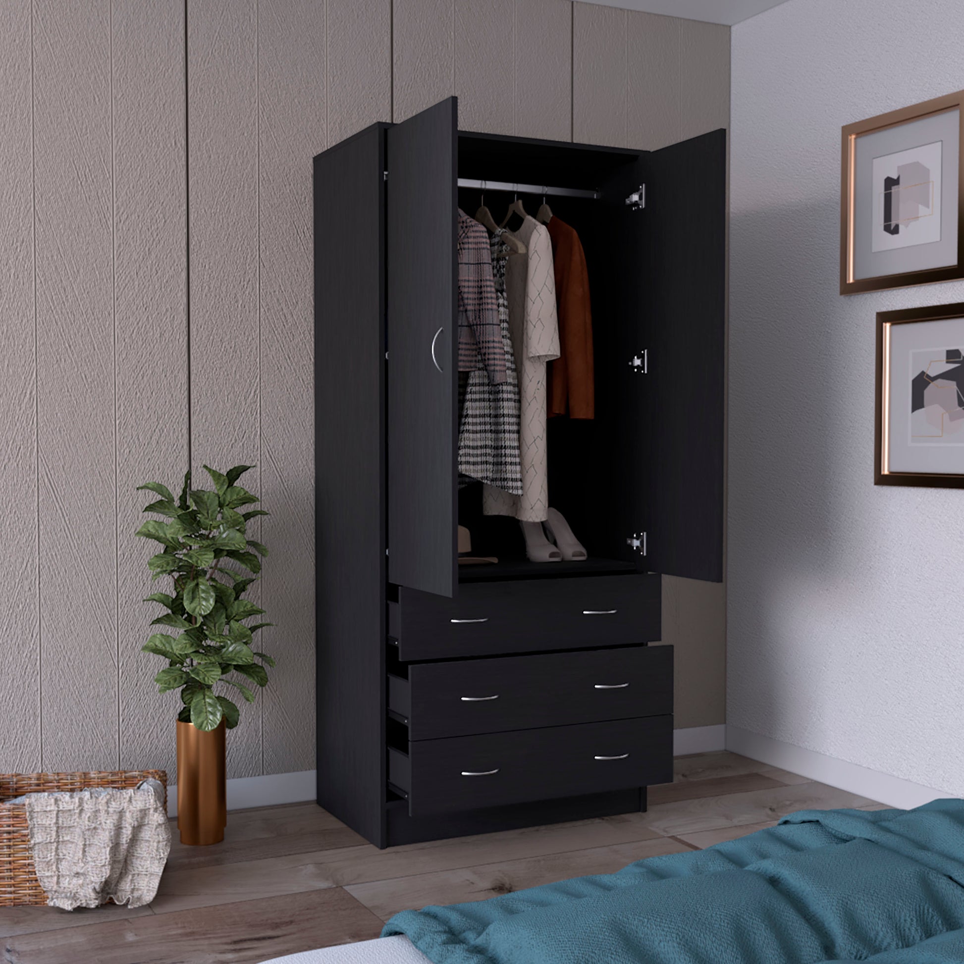 Armoire 71" H, With 2 Doors, 3 Drawers And 1 Hanging Rod, Black Black Solid Wood Mdf Engineered Wood